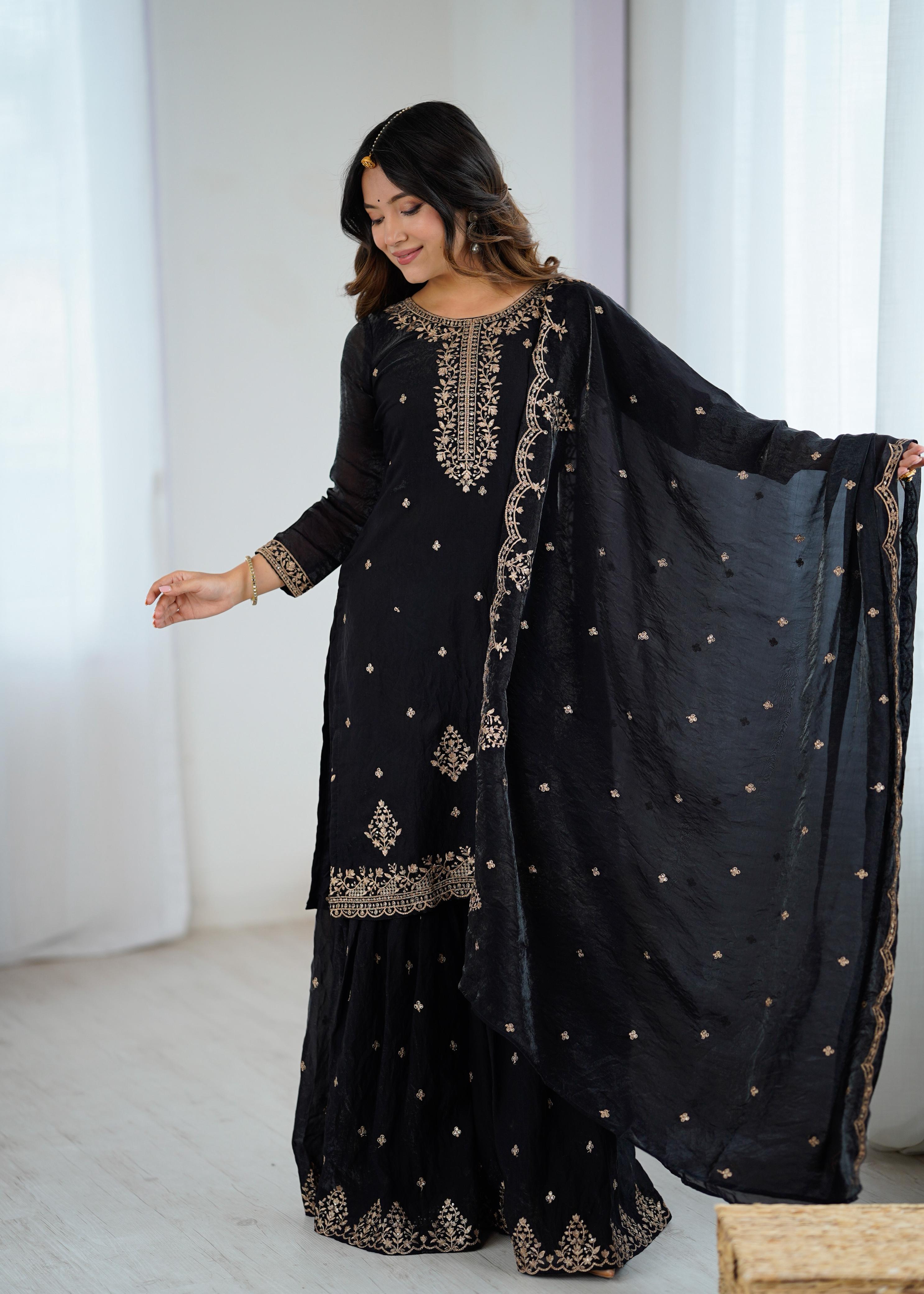 Black Pure Soft Crunchy Silk Kediya Set With Dupatta & Sharara