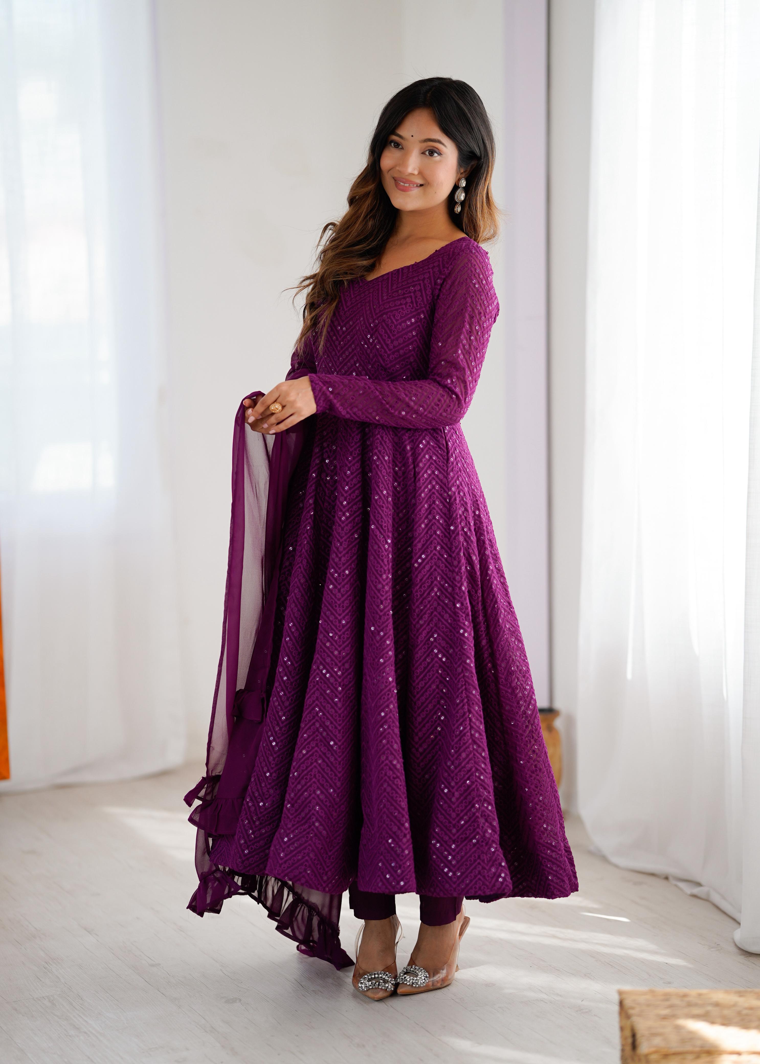 Wine Pure Soft Fox Georgette Anarkali Suit Set With Huge Flair, Dupatta & Pant