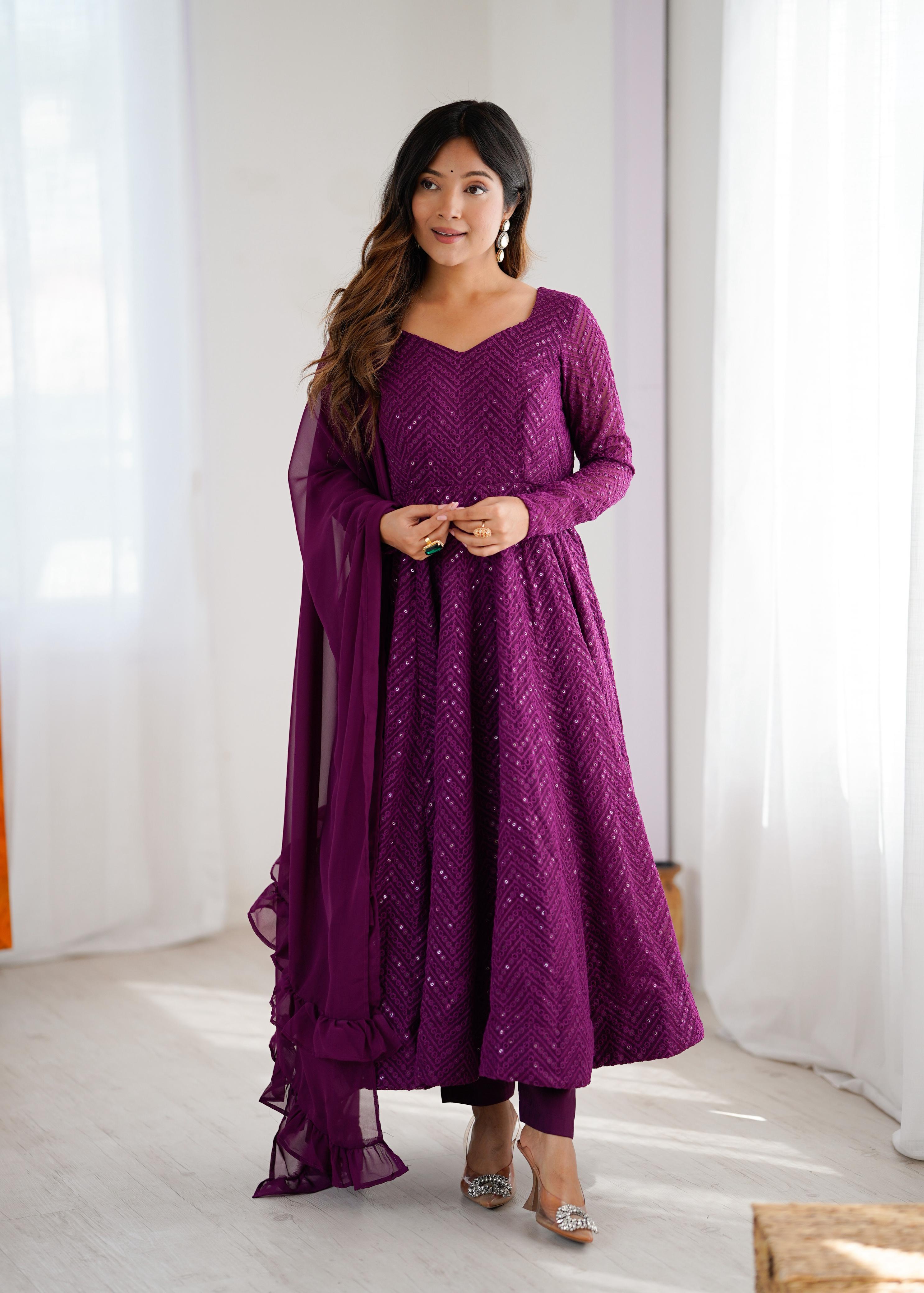 Wine Pure Soft Fox Georgette Anarkali Suit Set With Huge Flair, Dupatta & Pant