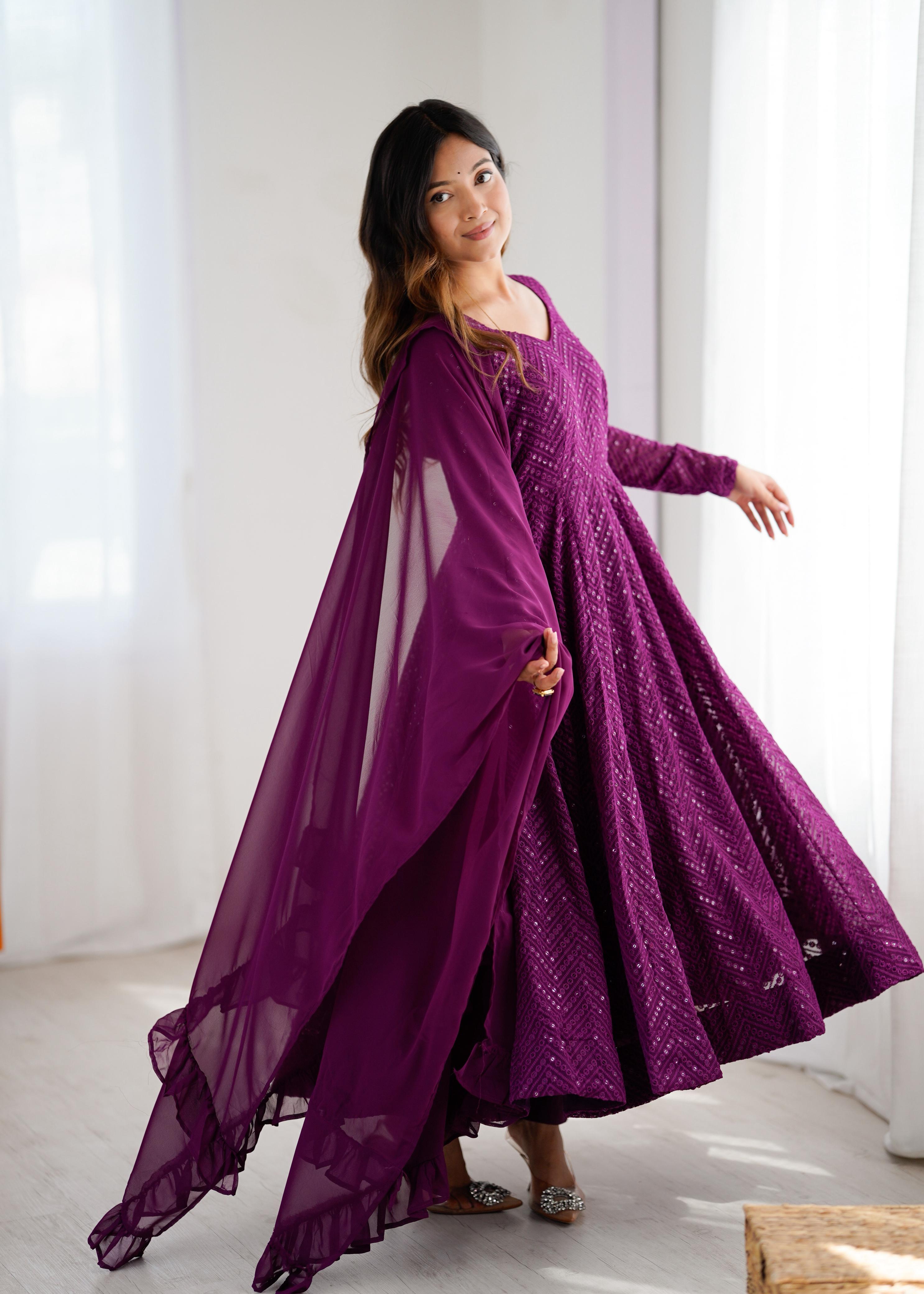 Wine Pure Soft Fox Georgette Anarkali Suit Set With Huge Flair, Dupatta & Pant