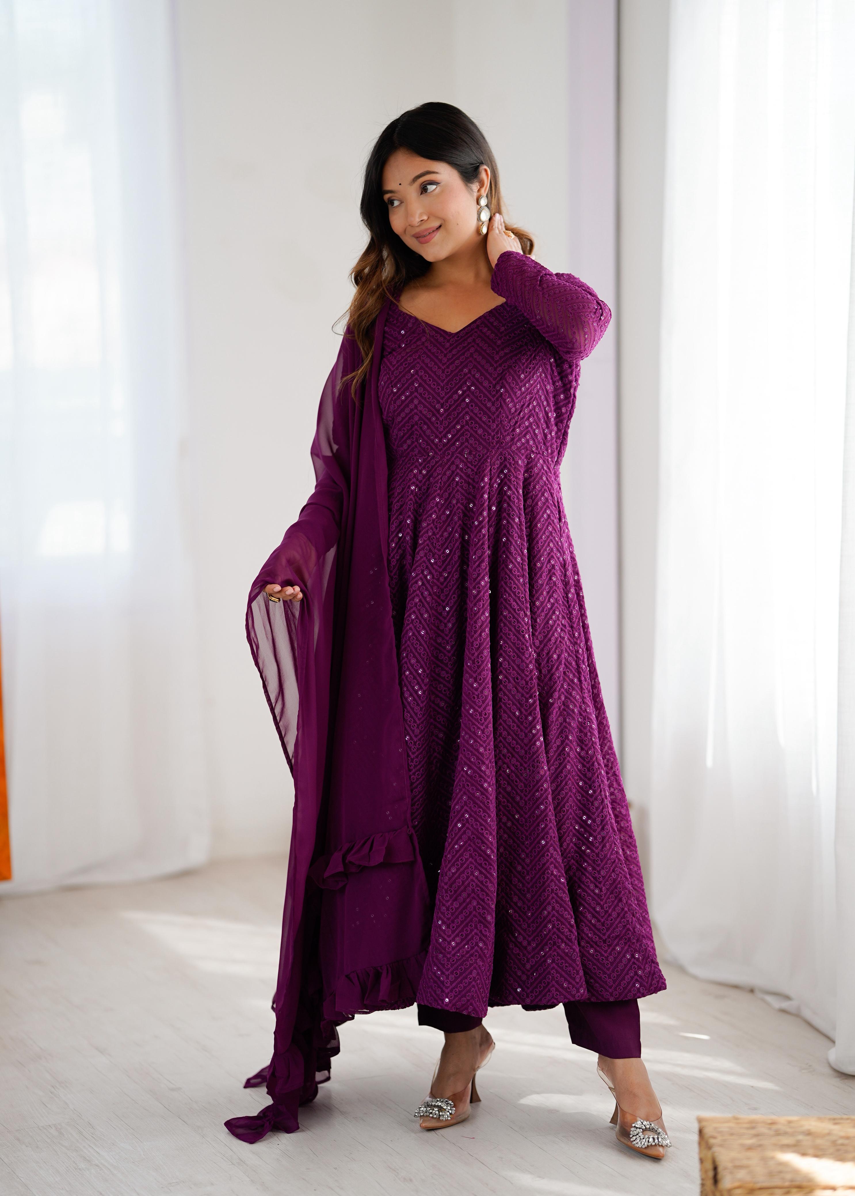 Wine Pure Soft Fox Georgette Anarkali Suit Set With Huge Flair, Dupatta & Pant