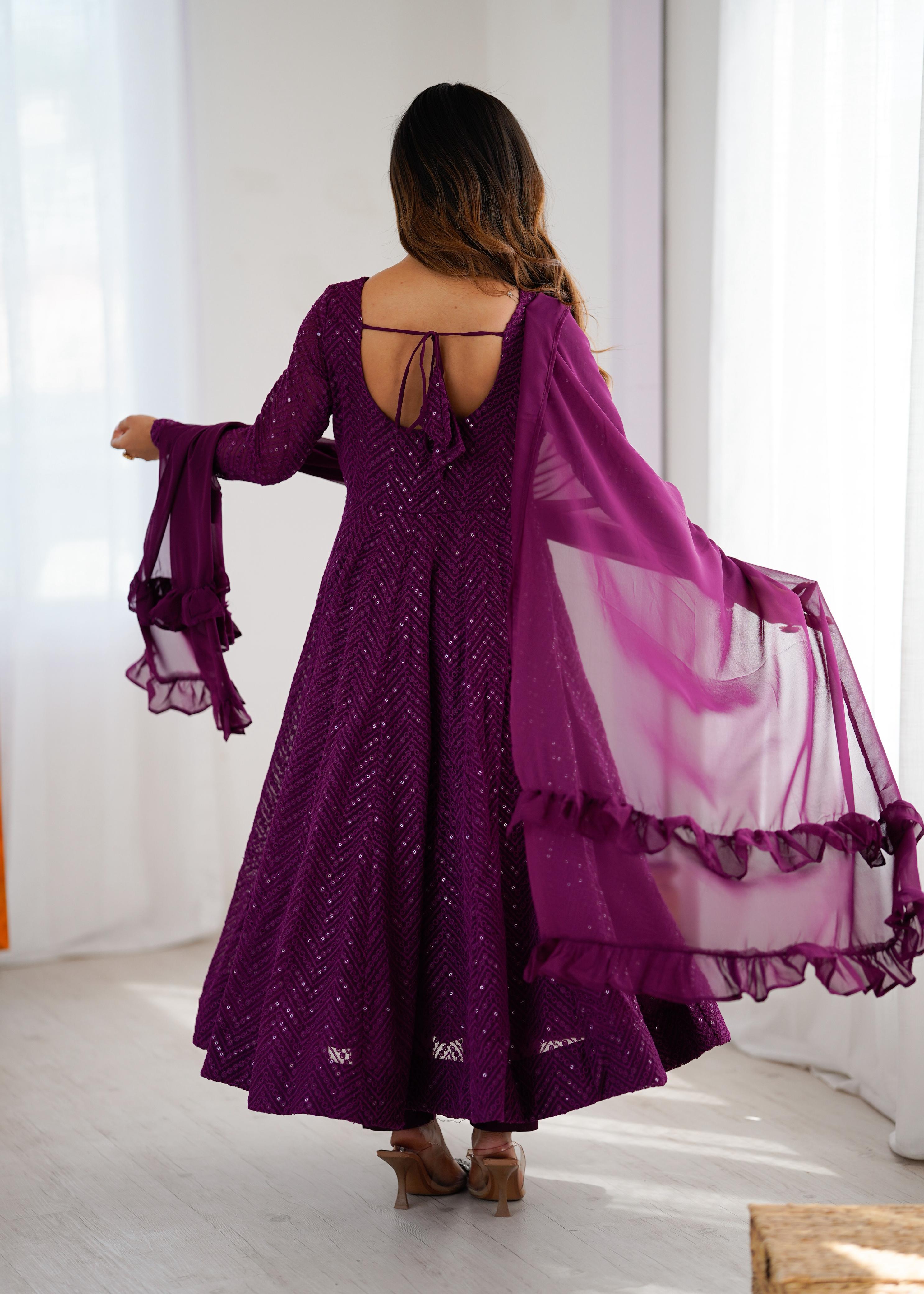 Wine Pure Soft Fox Georgette Anarkali Suit Set With Huge Flair, Dupatta & Pant