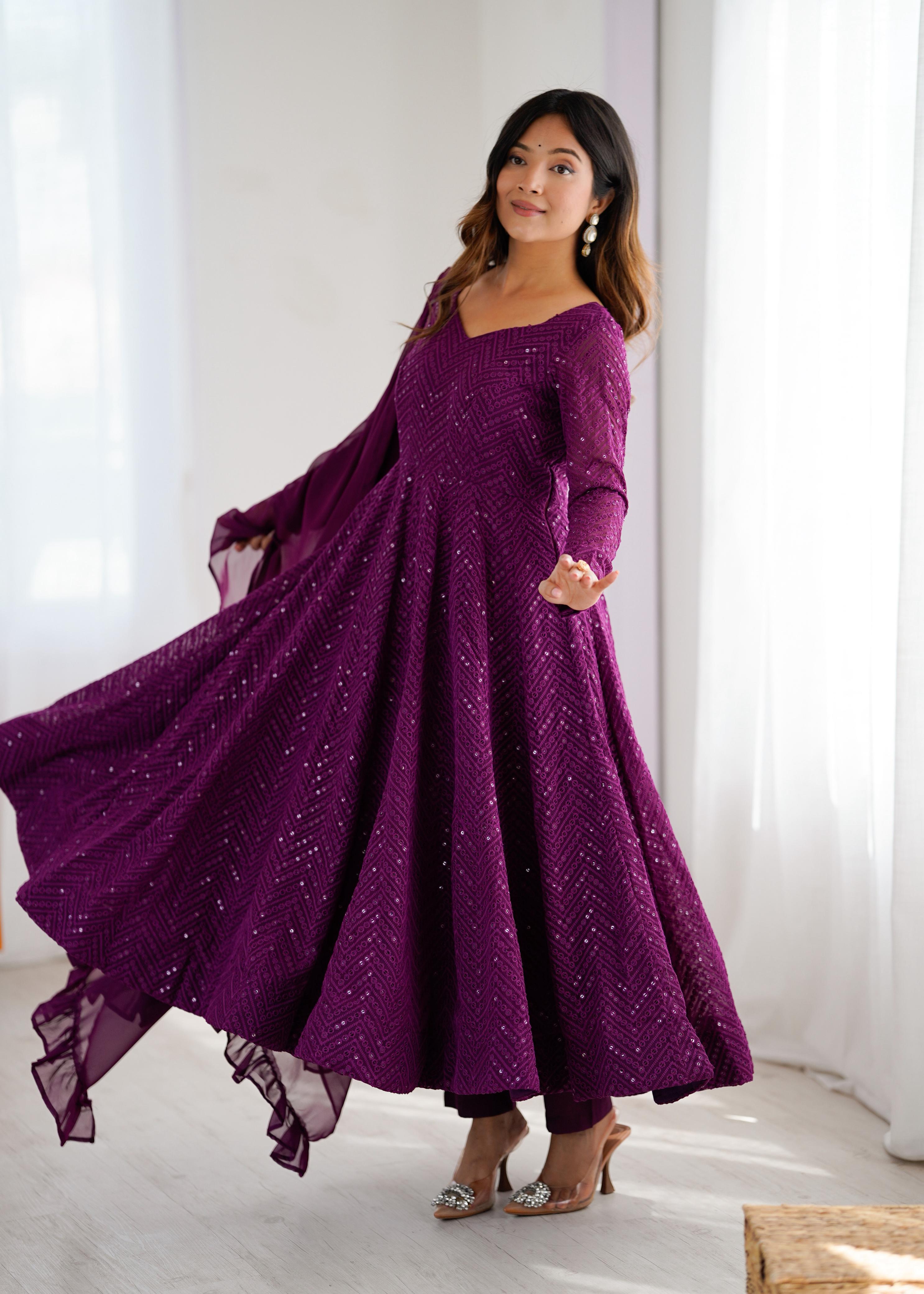 Wine Pure Soft Fox Georgette Anarkali Suit Set With Huge Flair, Dupatta & Pant