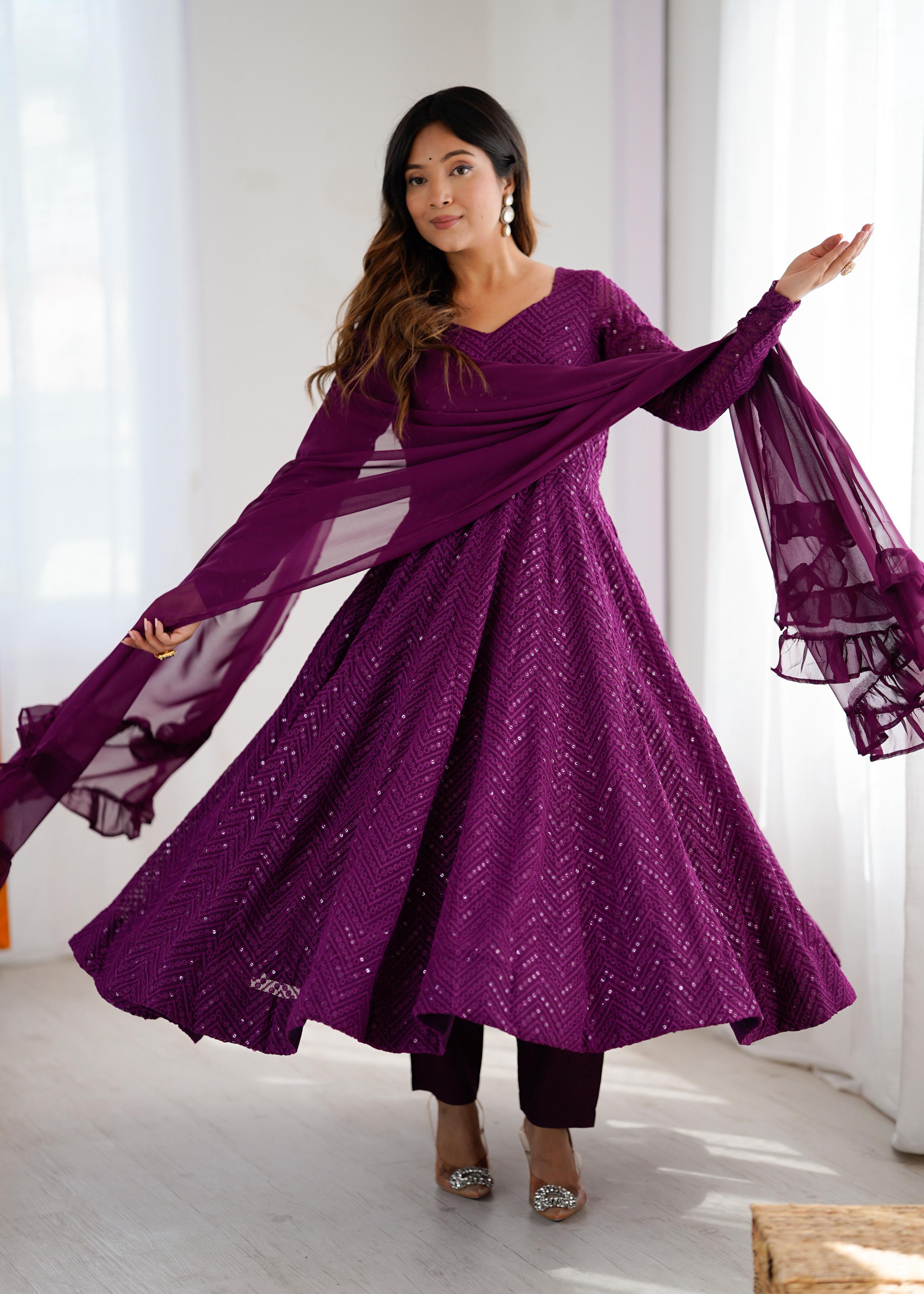 Wine Pure Soft Fox Georgette Anarkali Suit Set With Huge Flair, Dupatta & Pant