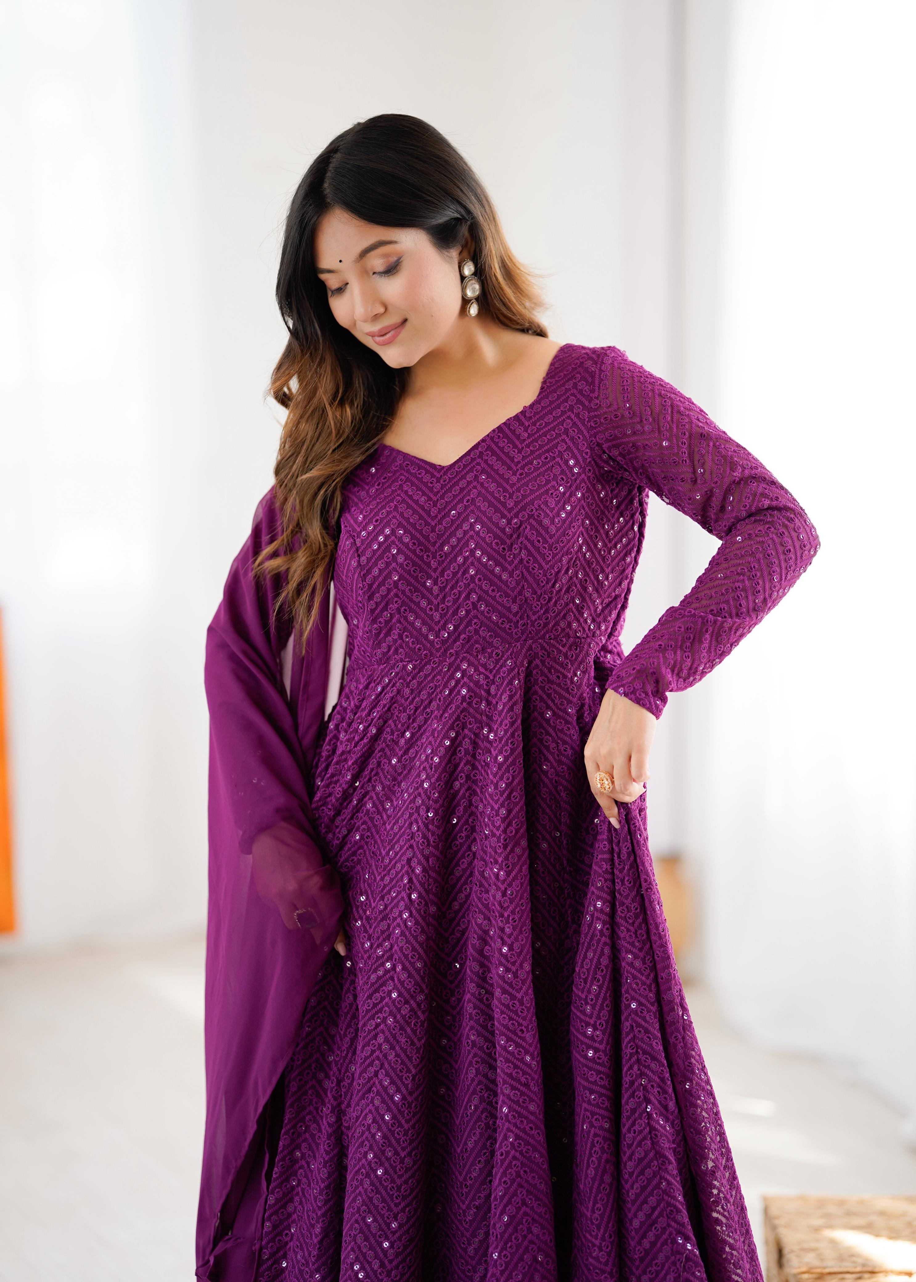 Wine Pure Soft Fox Georgette Anarkali Suit Set With Huge Flair, Dupatta & Pant