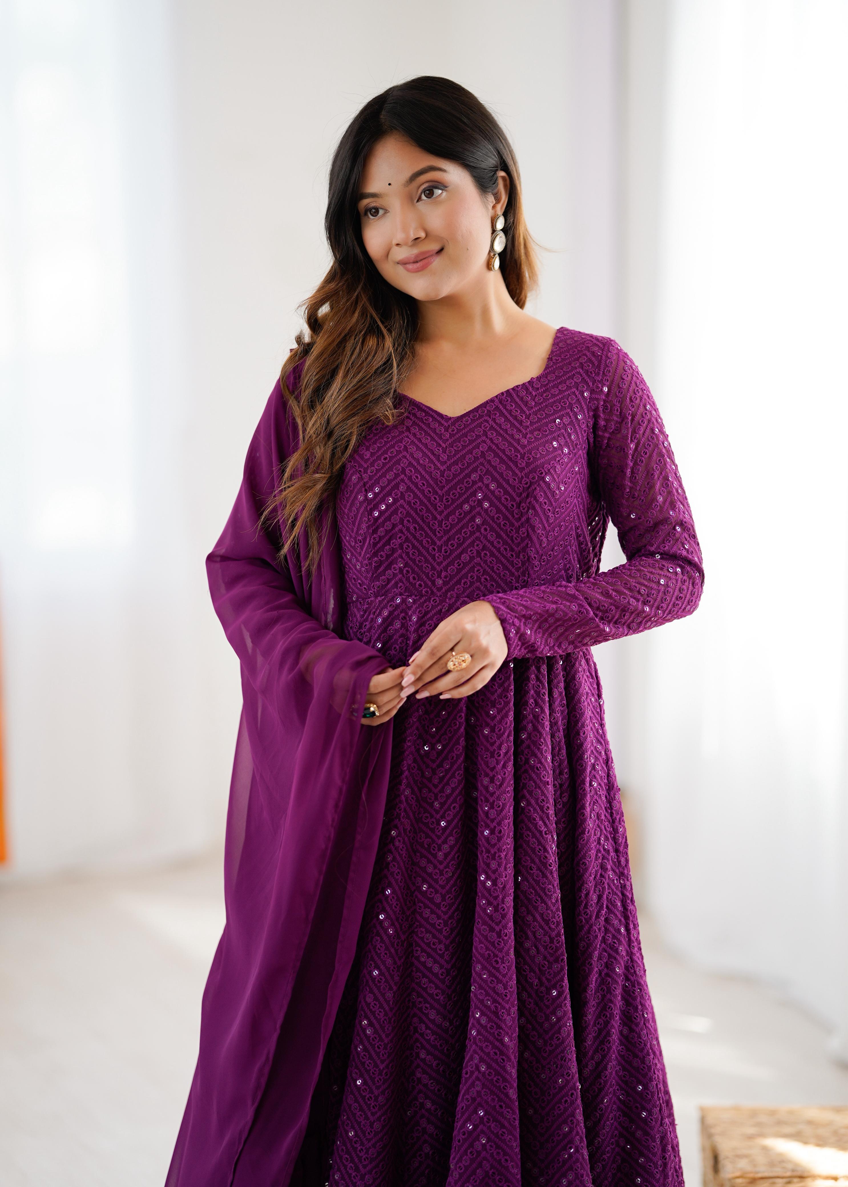 Wine Pure Soft Fox Georgette Anarkali Suit Set With Huge Flair, Dupatta & Pant