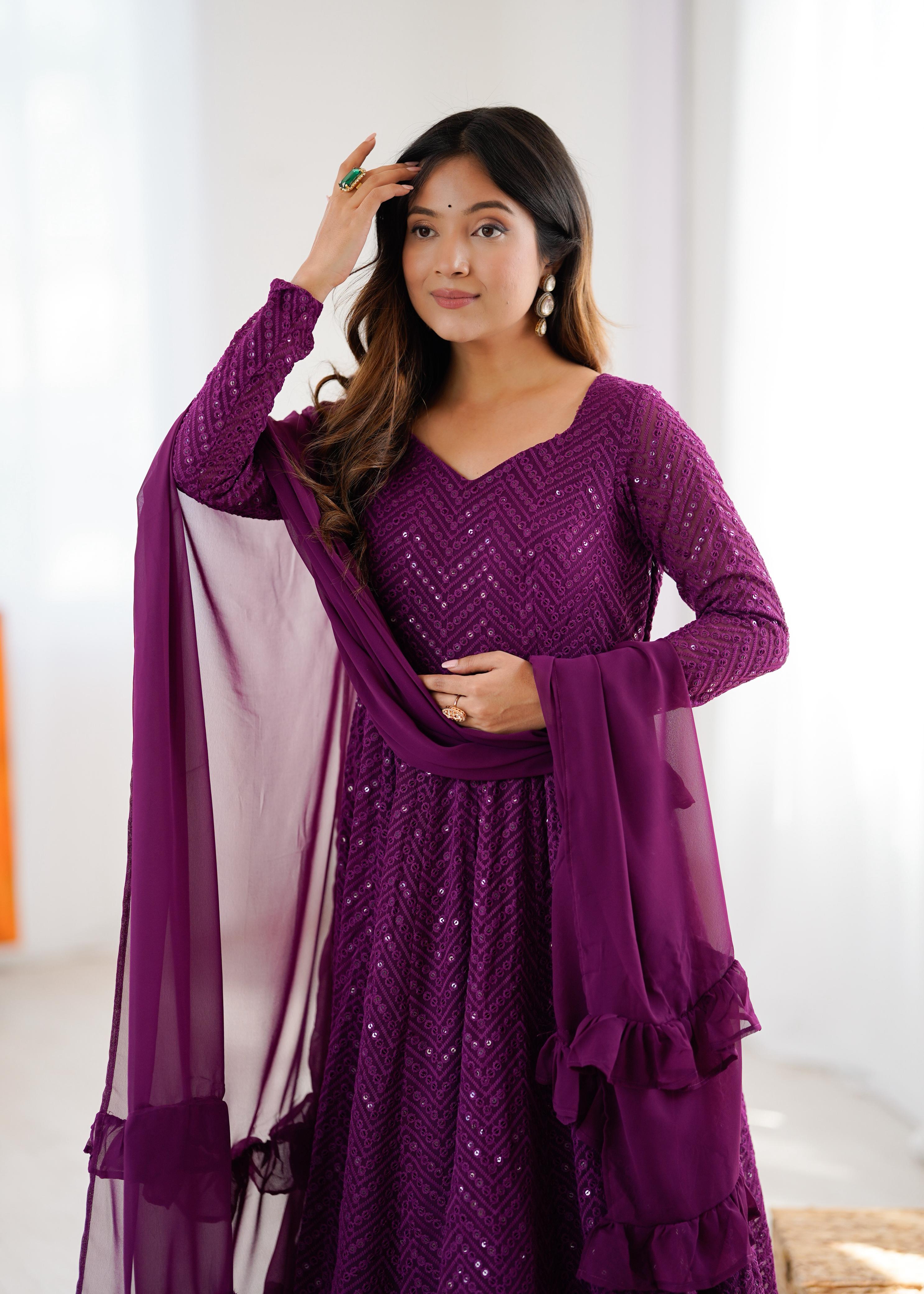 Wine Pure Soft Fox Georgette Anarkali Suit Set With Huge Flair, Dupatta & Pant