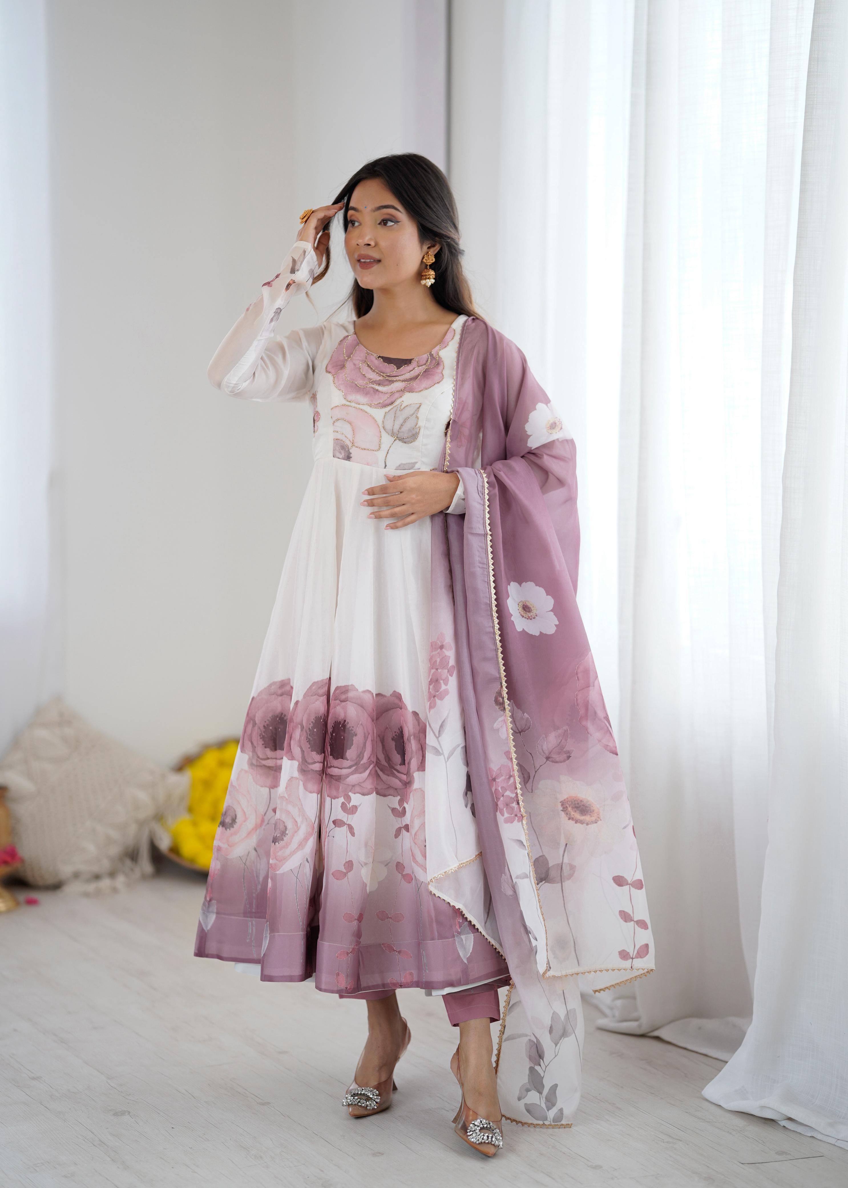 Onion Pink Pure Soft Organza Anarkali Suit Set With Huge Flair, Dupatta & Pant