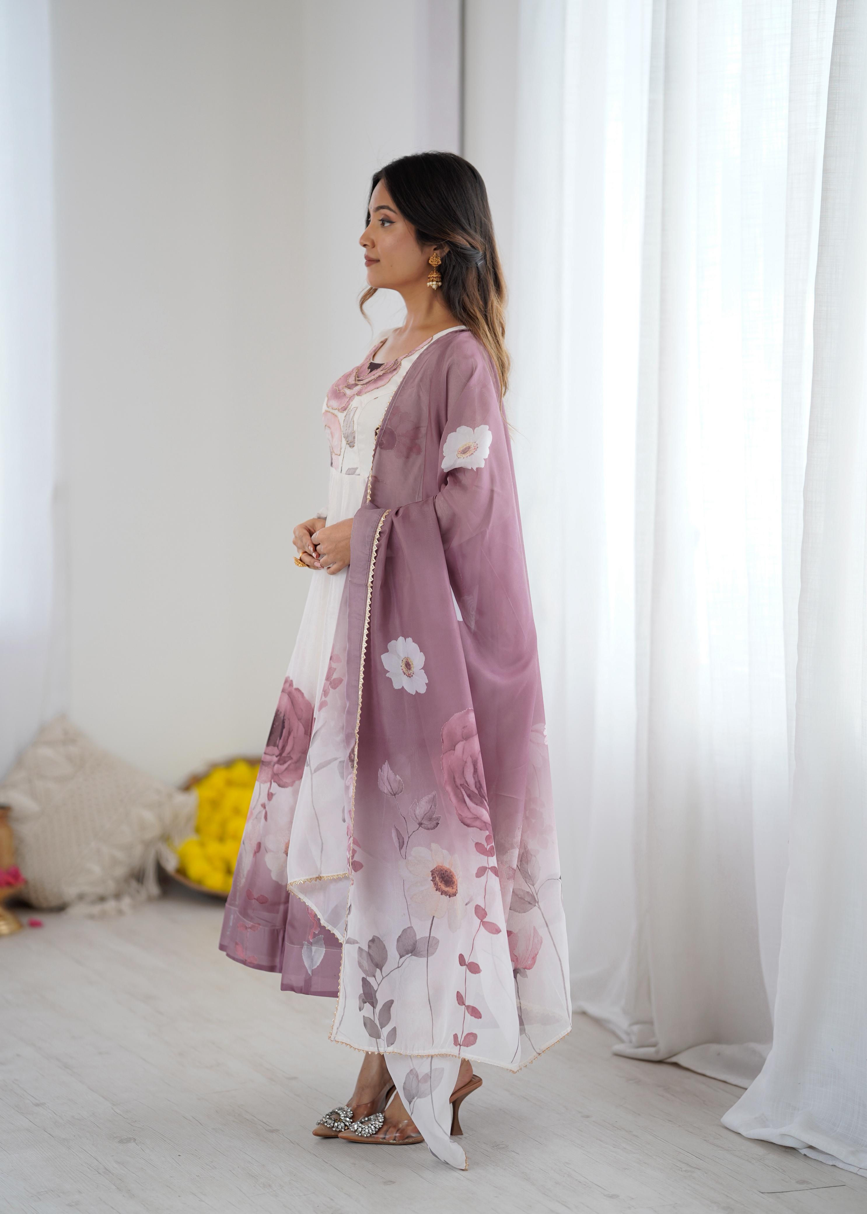 Onion Pink Pure Soft Organza Anarkali Suit Set With Huge Flair, Dupatta & Pant