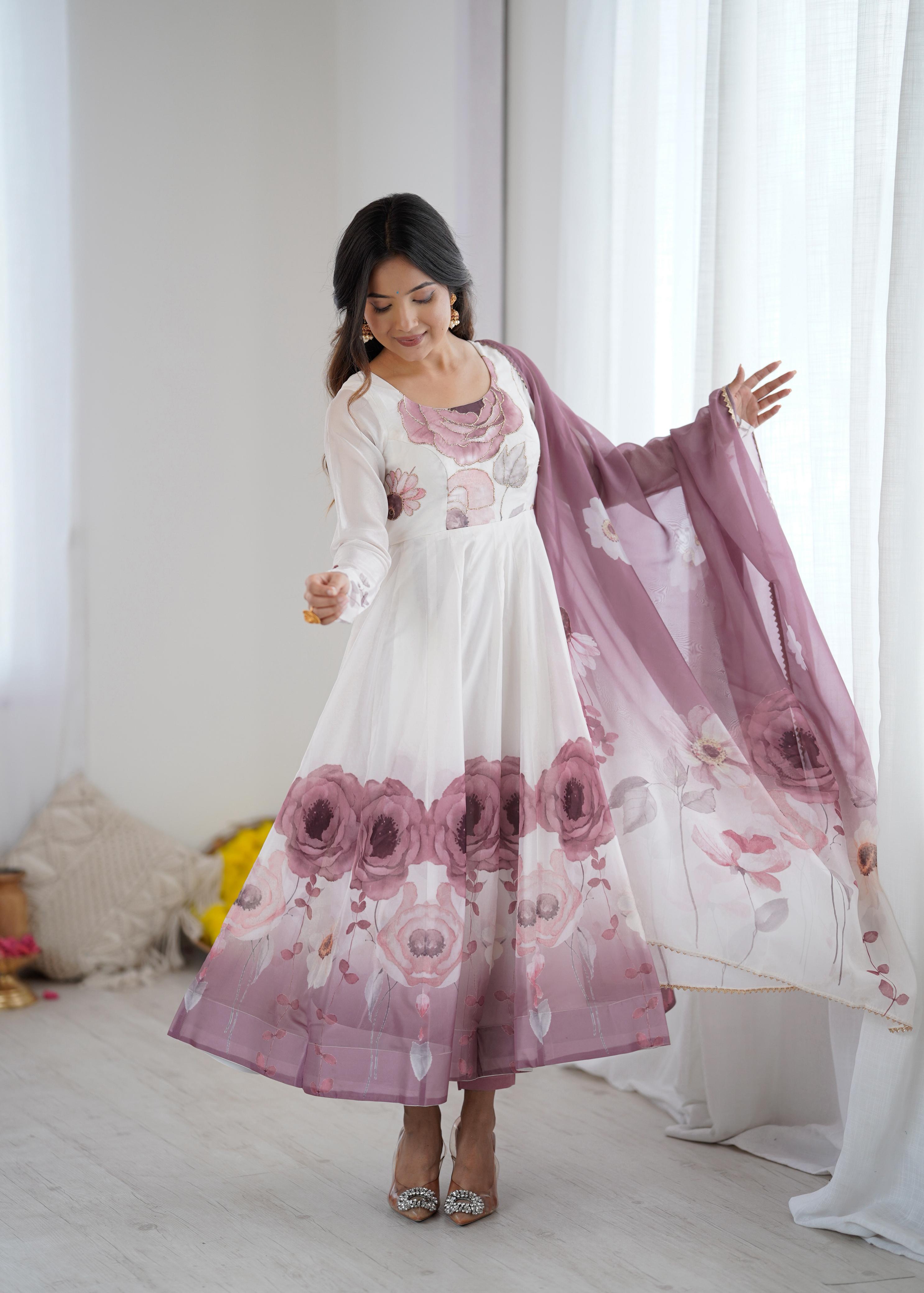 Onion Pink Pure Soft Organza Anarkali Suit Set With Huge Flair, Dupatta & Pant