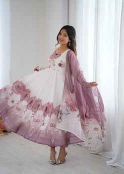 Onion Pink Pure Soft Organza Anarkali Suit Set With Huge Flair, Dupatta & Pant