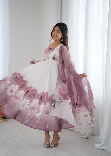 Onion Pink Pure Soft Organza Anarkali Suit Set With Huge Flair, Dupatta & Pant