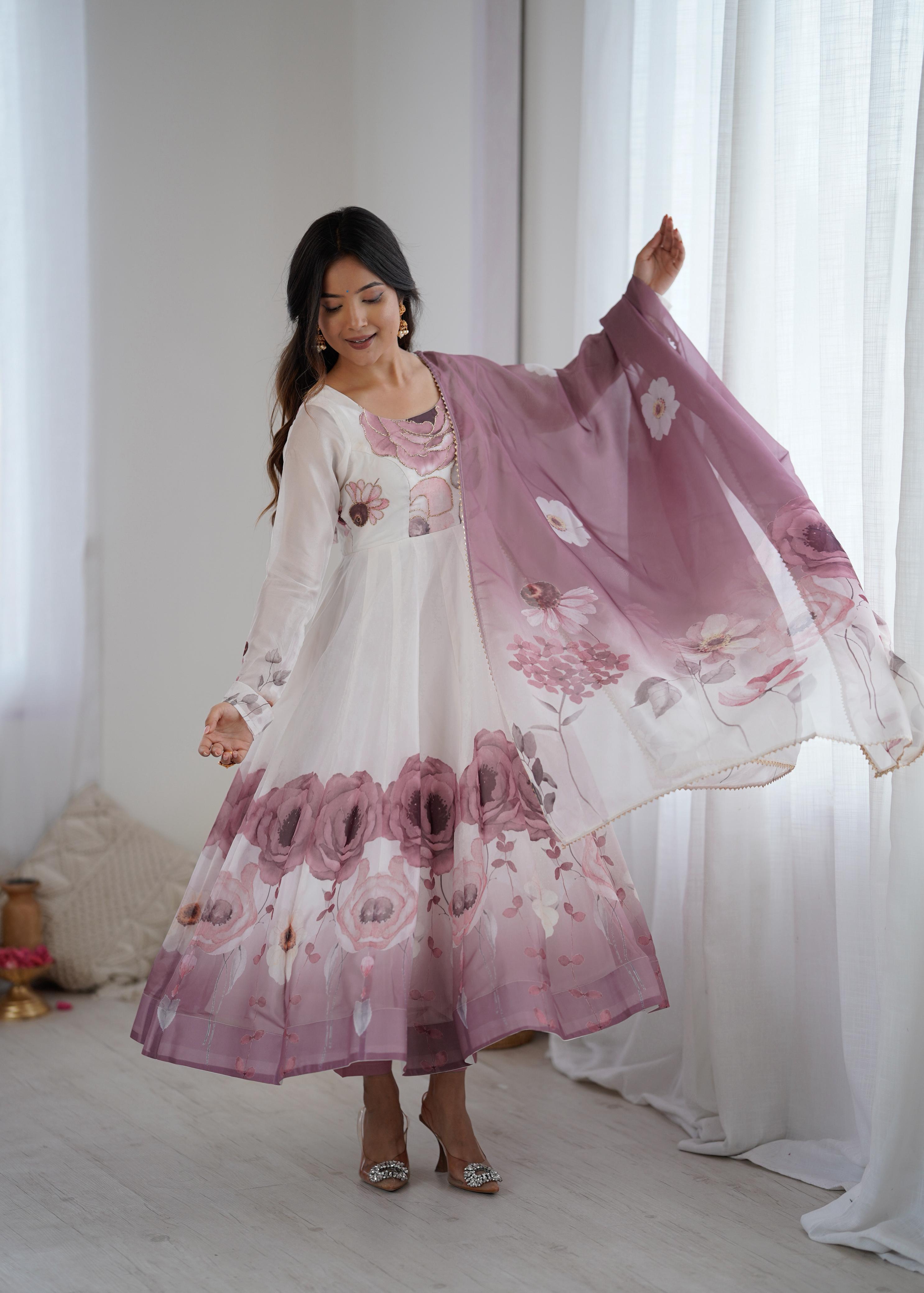Onion Pink Pure Soft Organza Anarkali Suit Set With Huge Flair, Dupatta & Pant