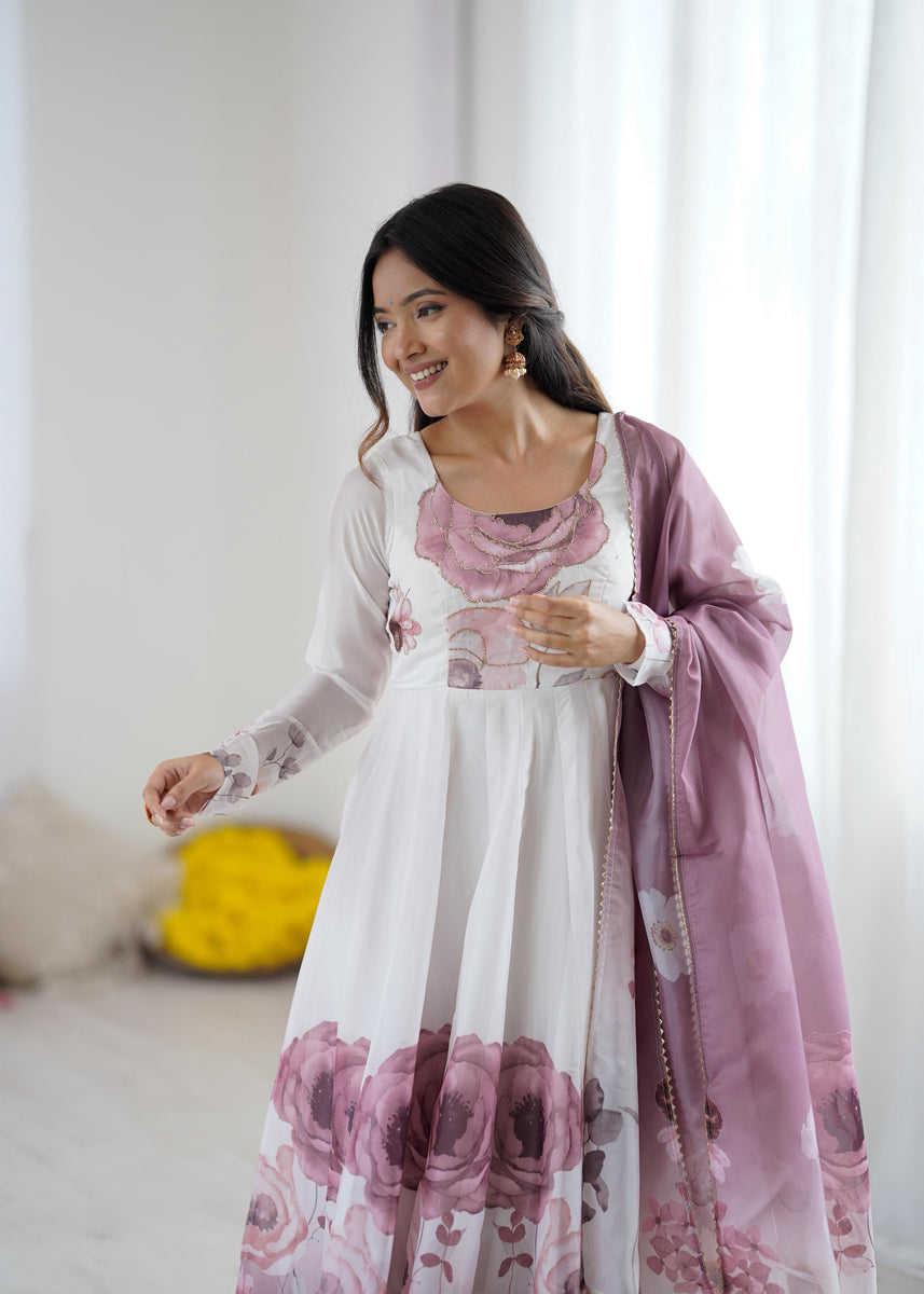 Onion Pink Pure Soft Organza Anarkali Suit Set With Huge Flair, Dupatt ...
