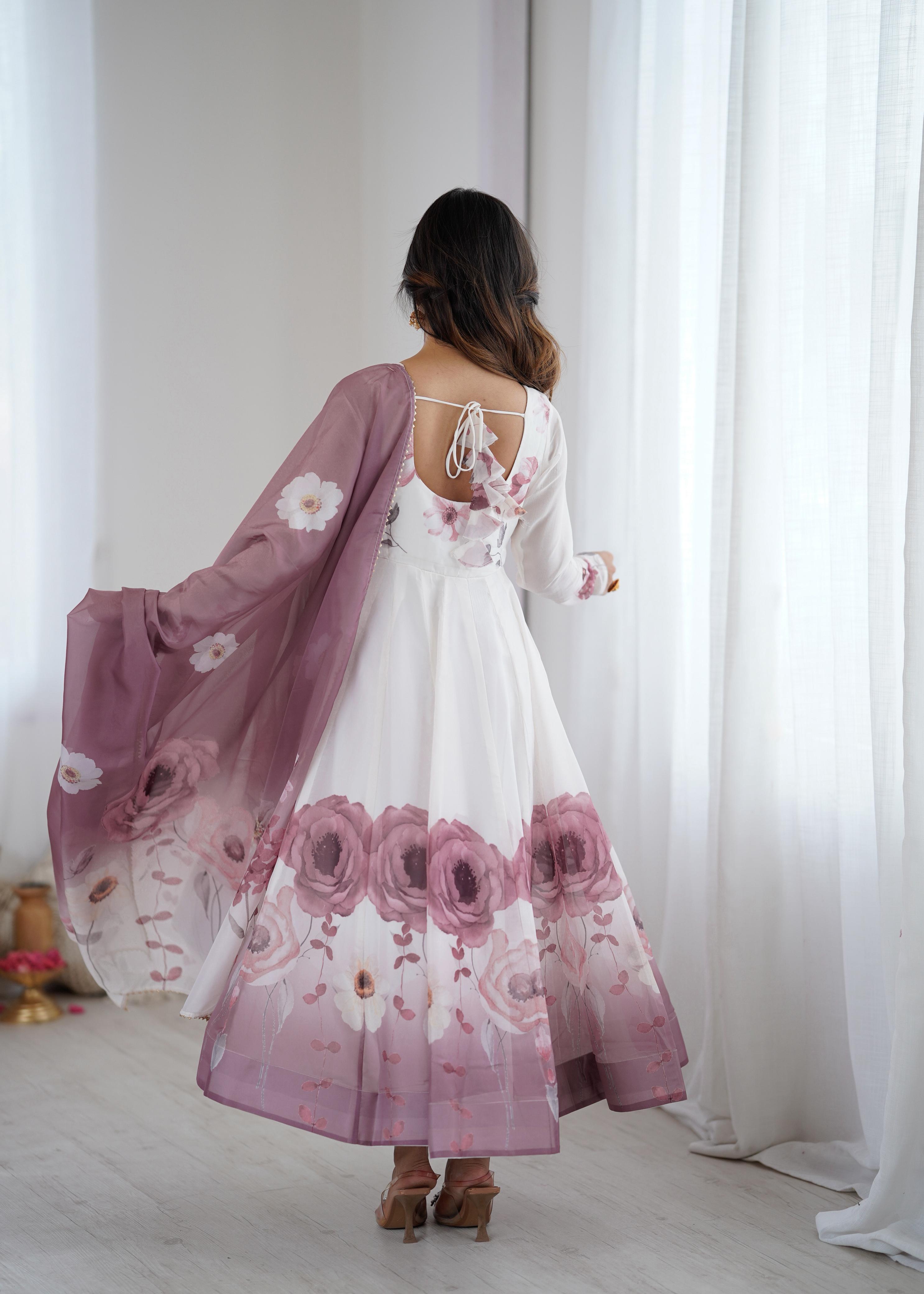 Onion Pink Pure Soft Organza Anarkali Suit Set With Huge Flair, Dupatta & Pant