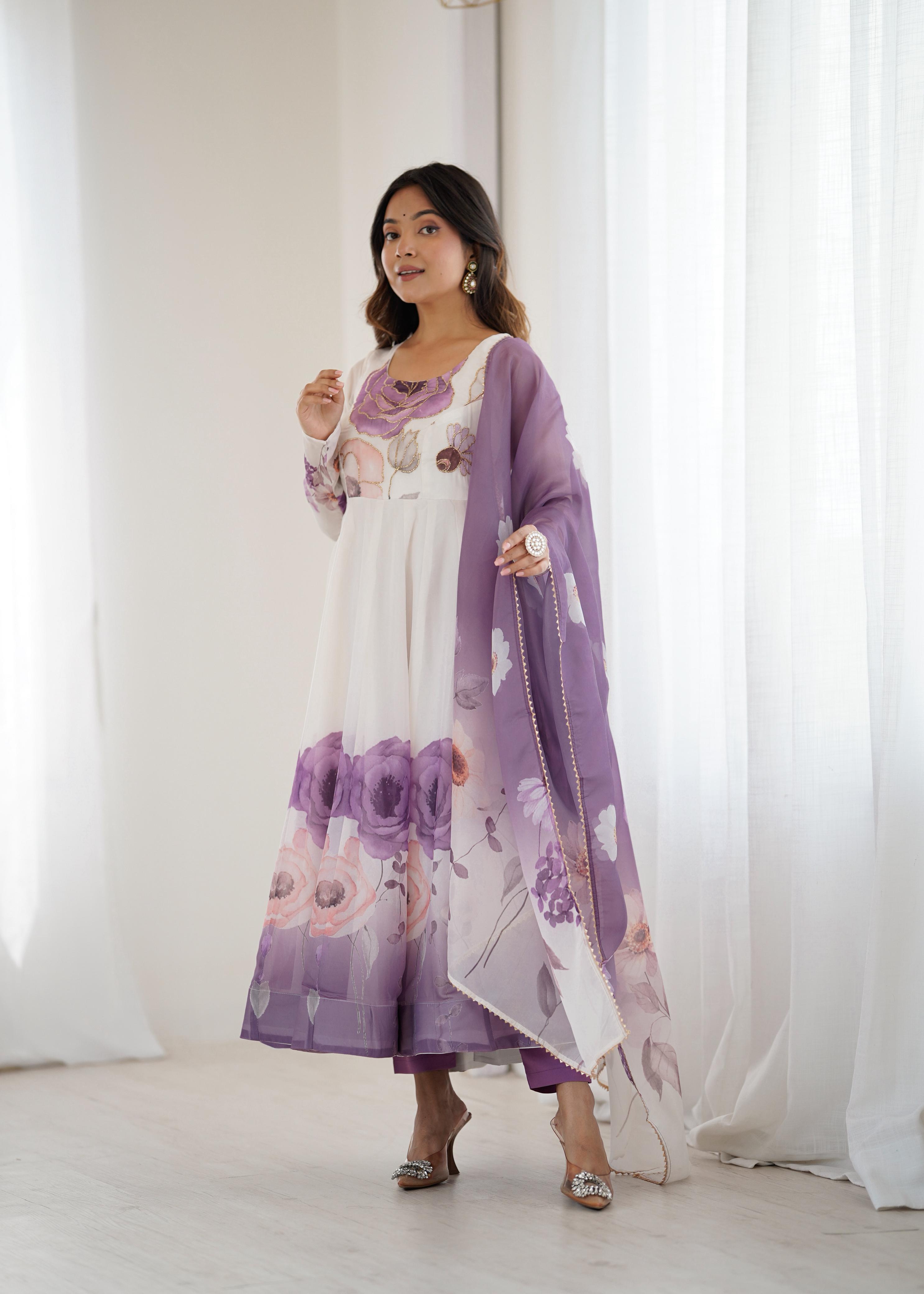 Violet Pure Soft Organza Anarkali Suit Set With Huge Flair, Dupatta & Pant