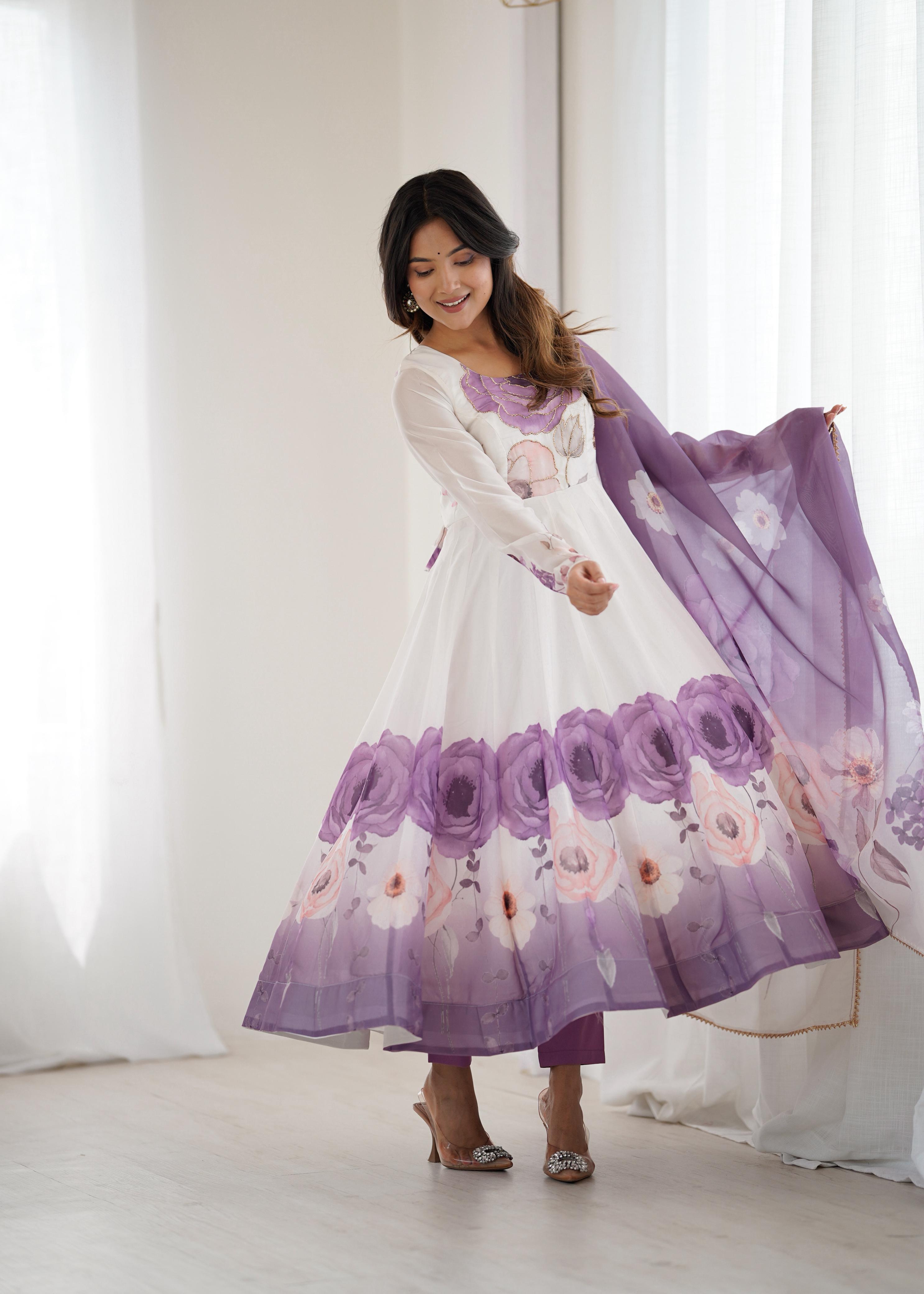 Violet Pure Soft Organza Anarkali Suit Set With Huge Flair, Dupatta & Pant
