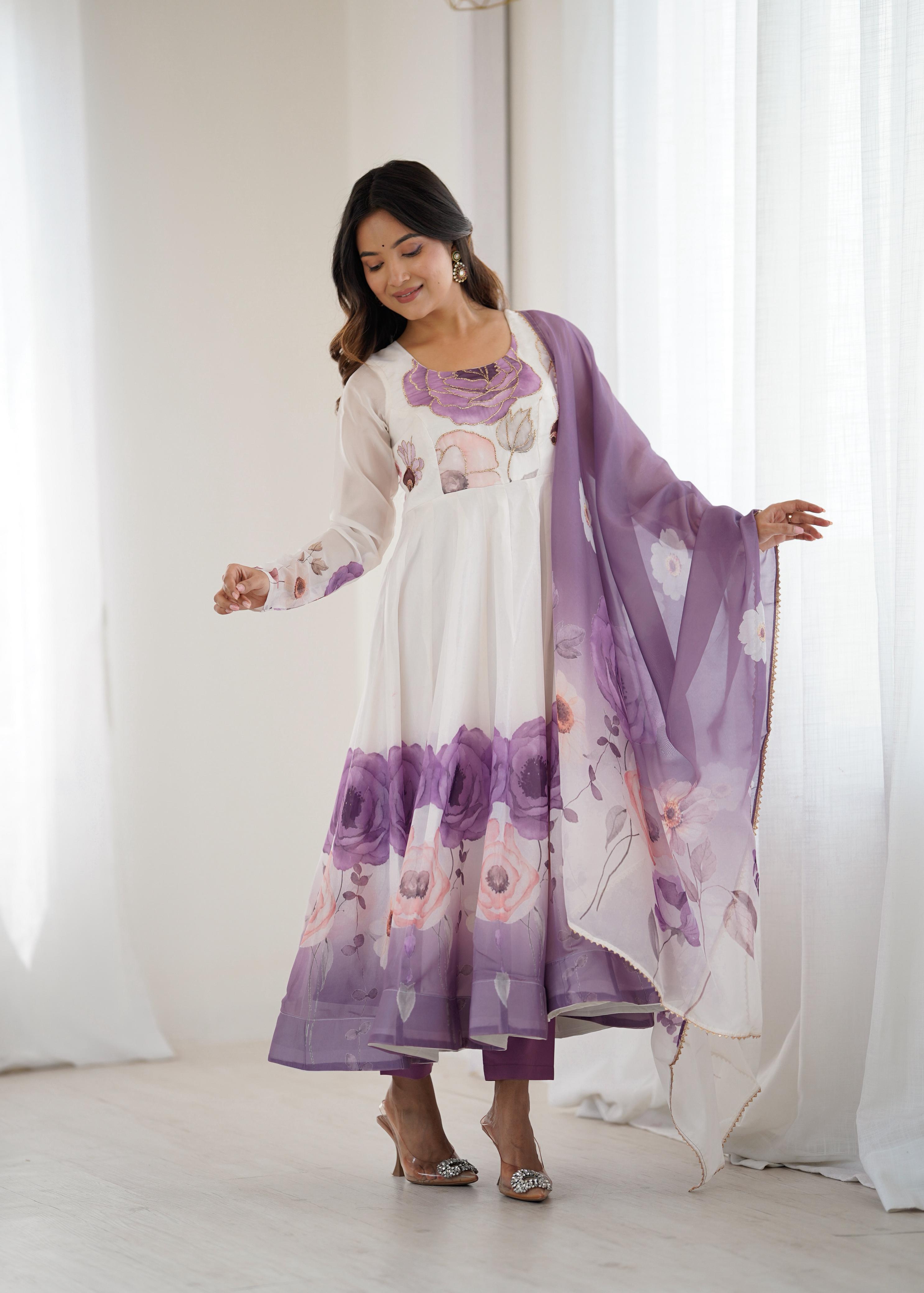 Violet Pure Soft Organza Anarkali Suit Set With Huge Flair, Dupatta & Pant