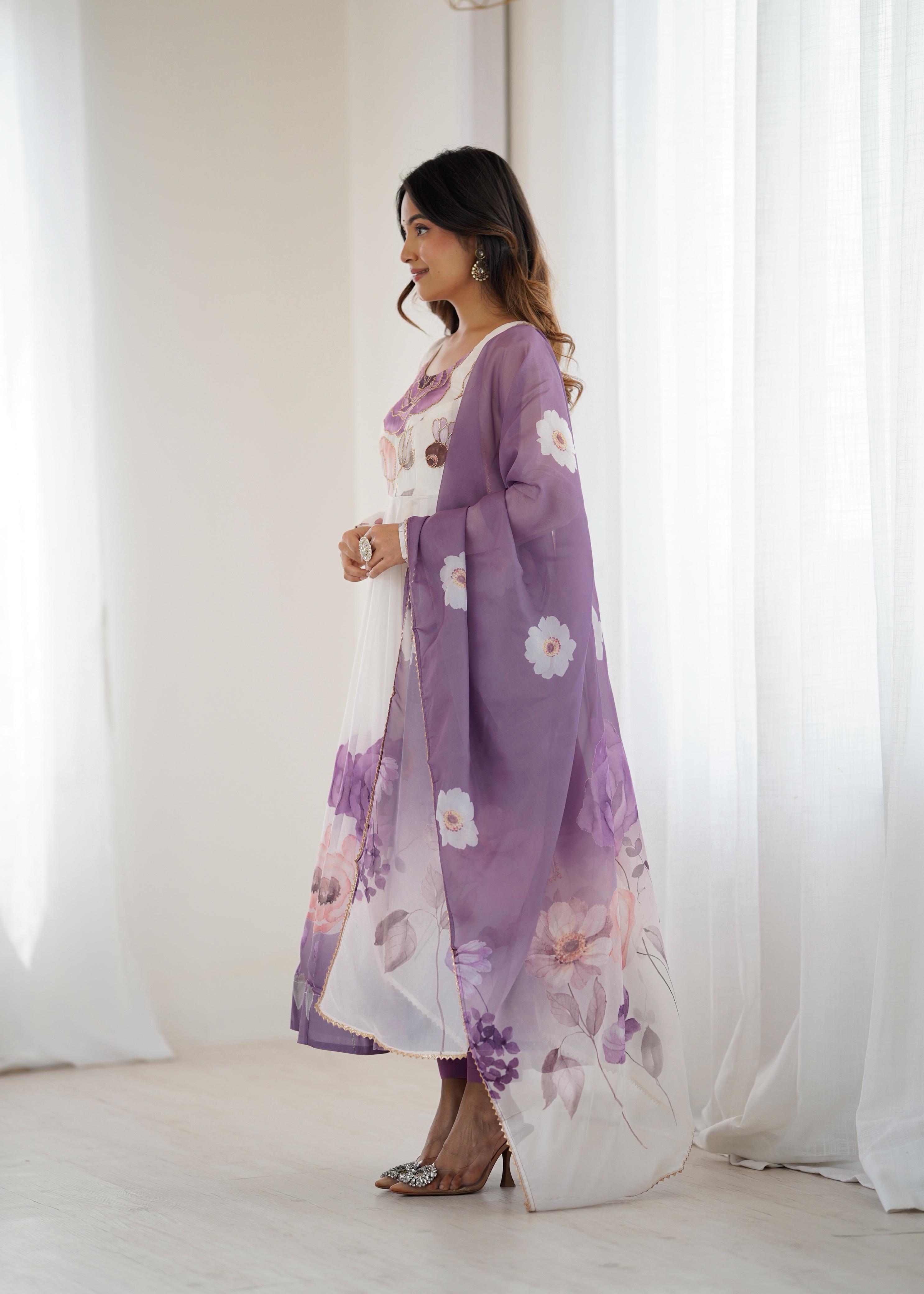 Violet Pure Soft Organza Anarkali Suit Set With Huge Flair, Dupatta & Pant