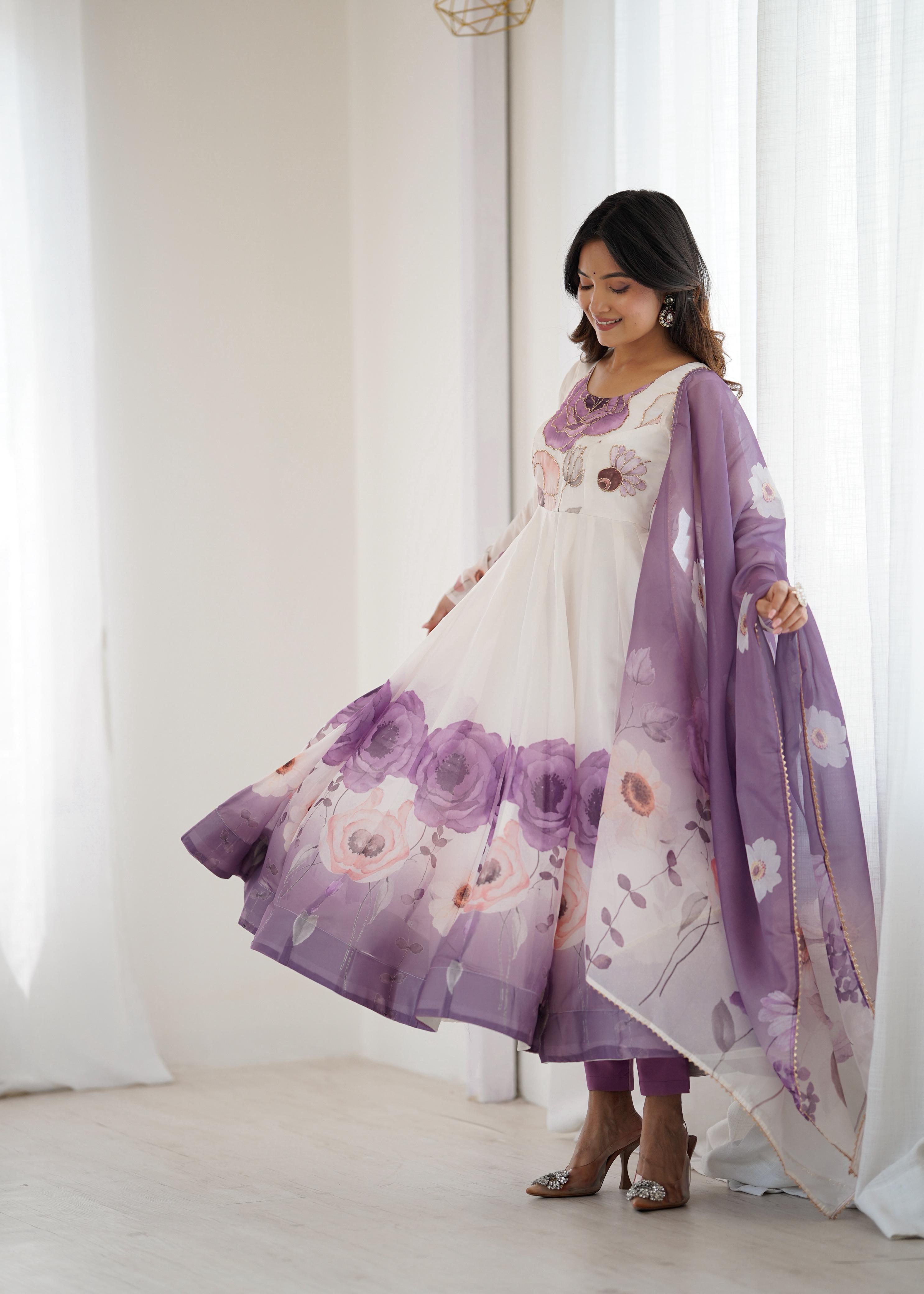 Violet Pure Soft Organza Anarkali Suit Set With Huge Flair, Dupatta & Pant