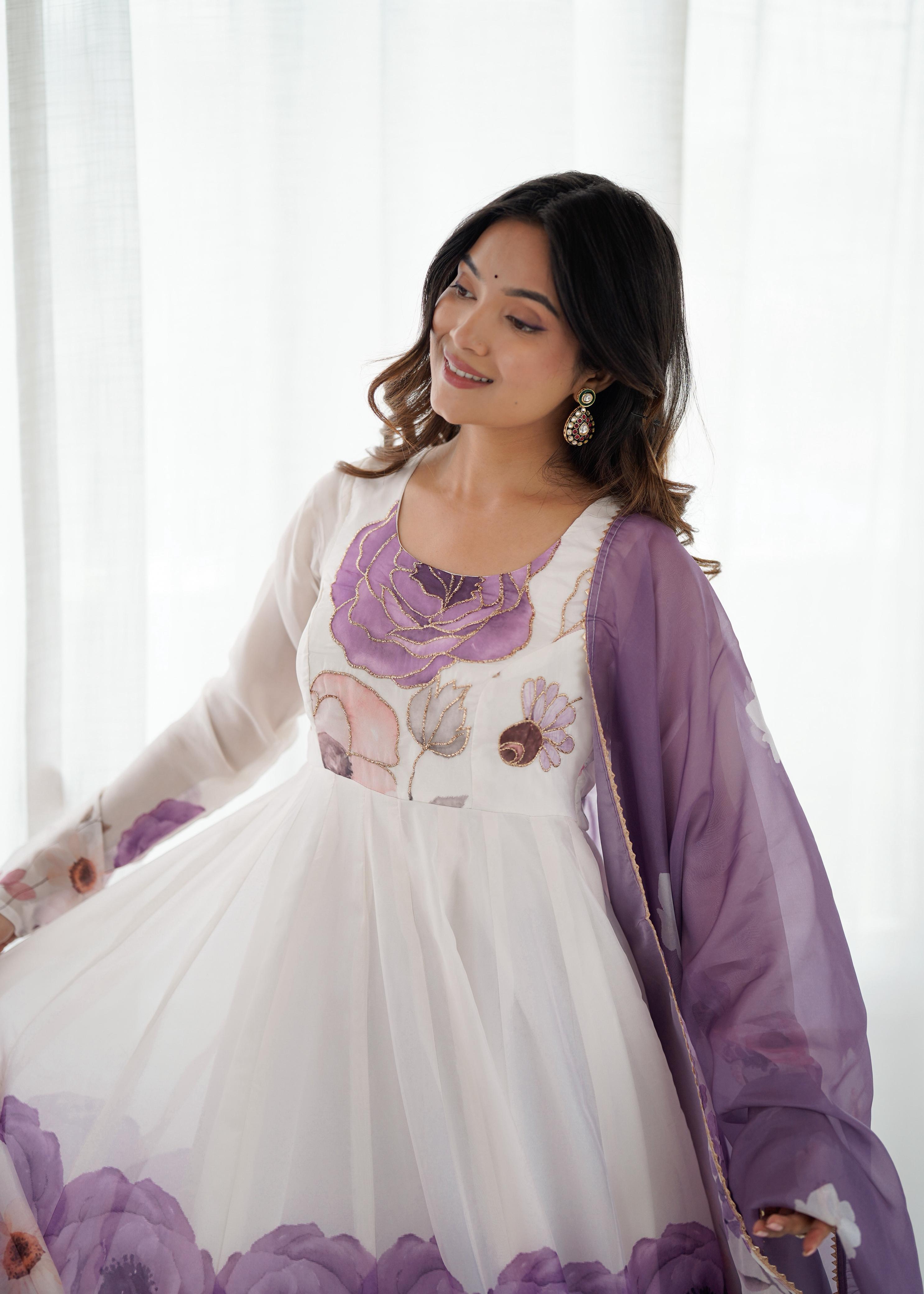Violet Pure Soft Organza Anarkali Suit Set With Huge Flair, Dupatta & Pant