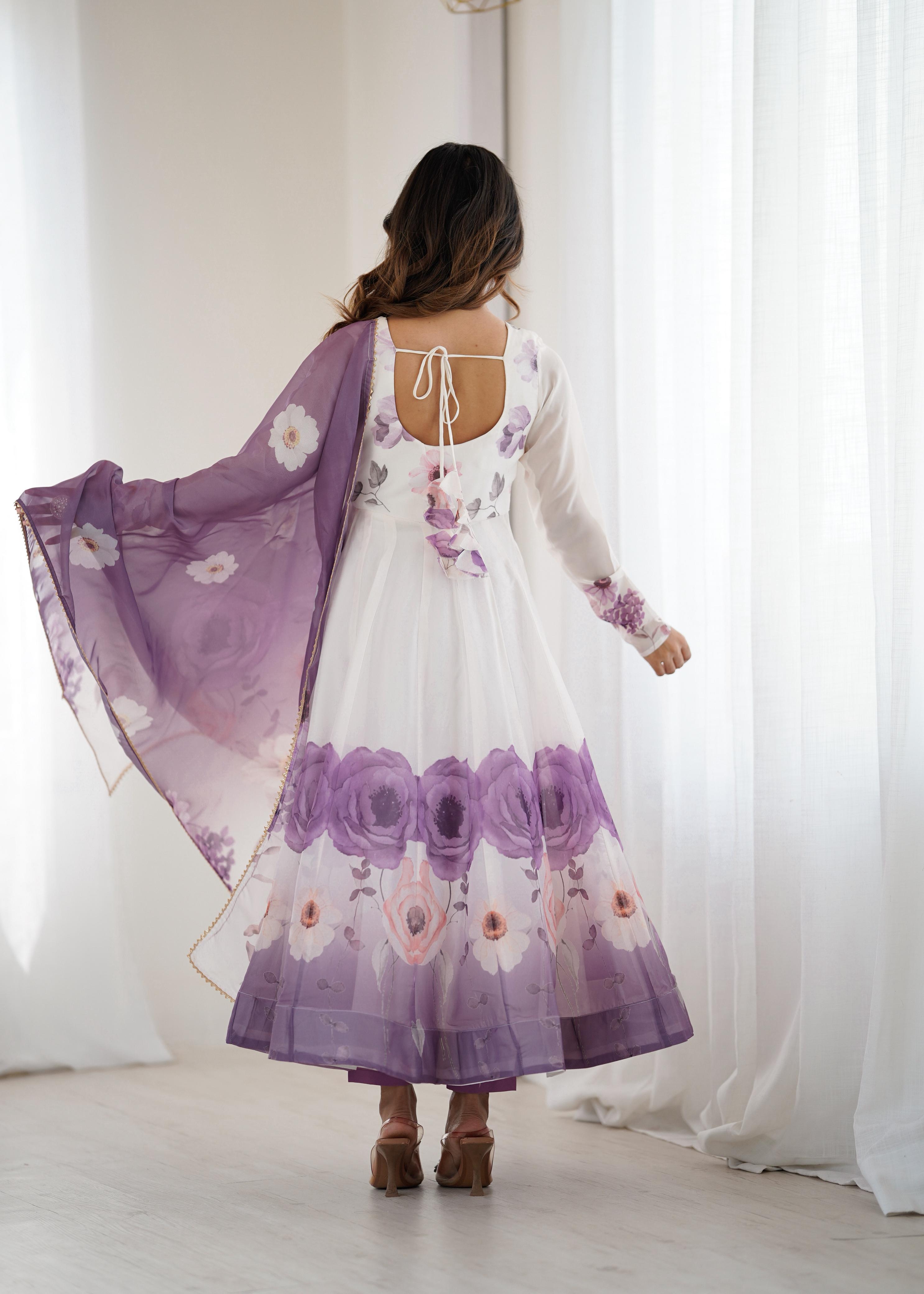 Violet Pure Soft Organza Anarkali Suit Set With Huge Flair, Dupatta & Pant