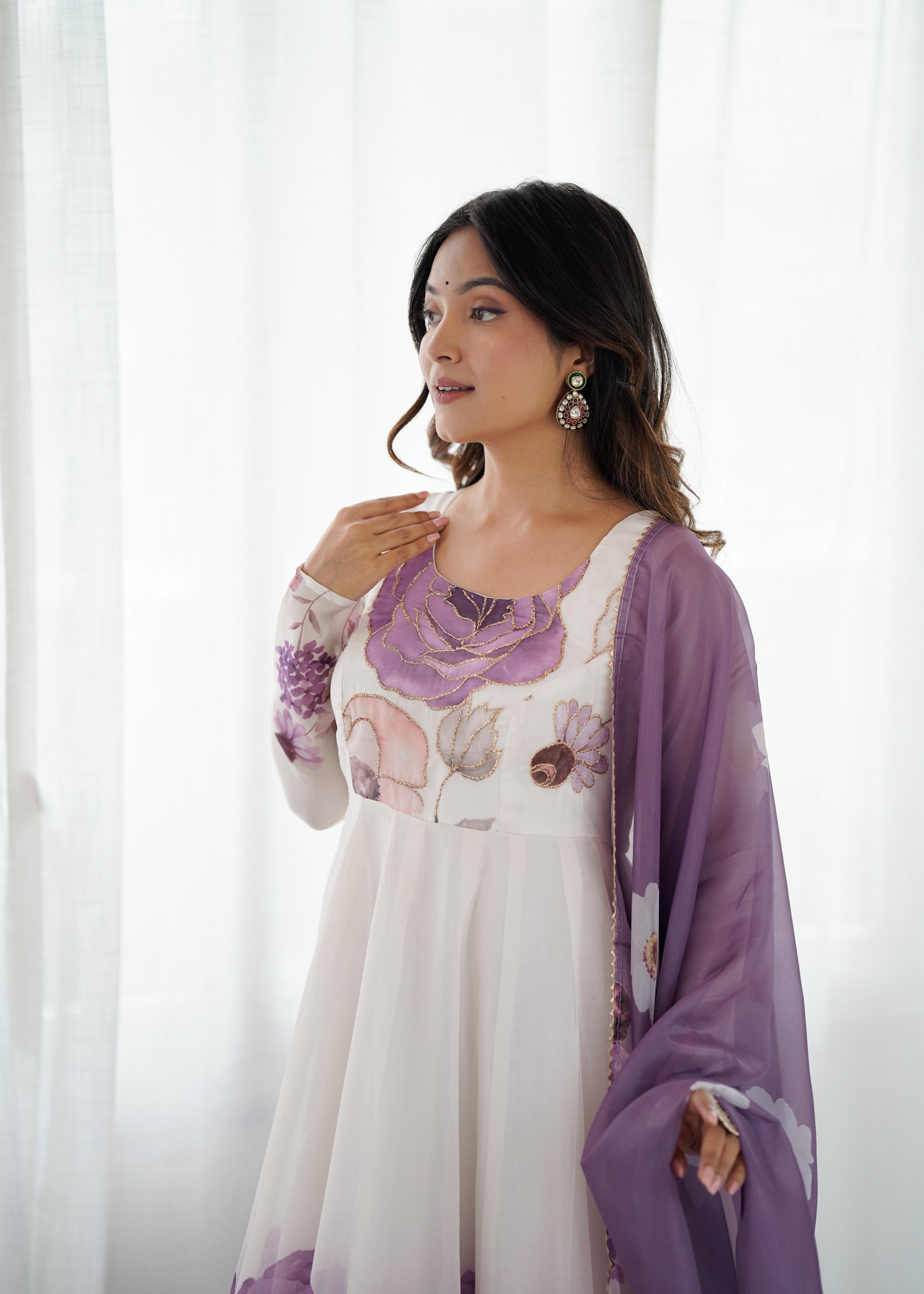 Violet Pure Soft Organza Anarkali Suit Set With Huge Flair, Dupatta & Pant