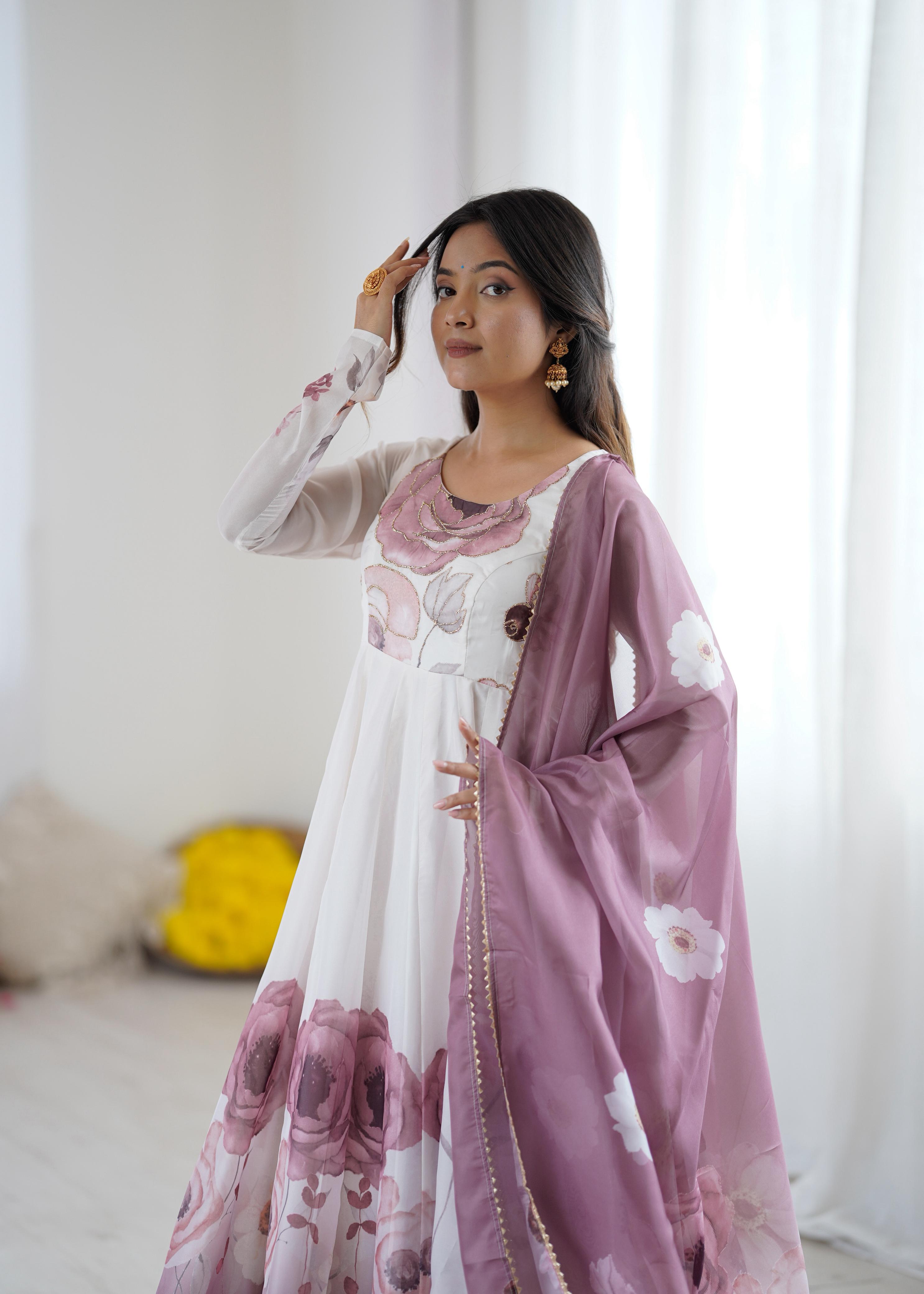 Onion Pink Pure Soft Organza Anarkali Suit Set With Huge Flair, Dupatta & Pant