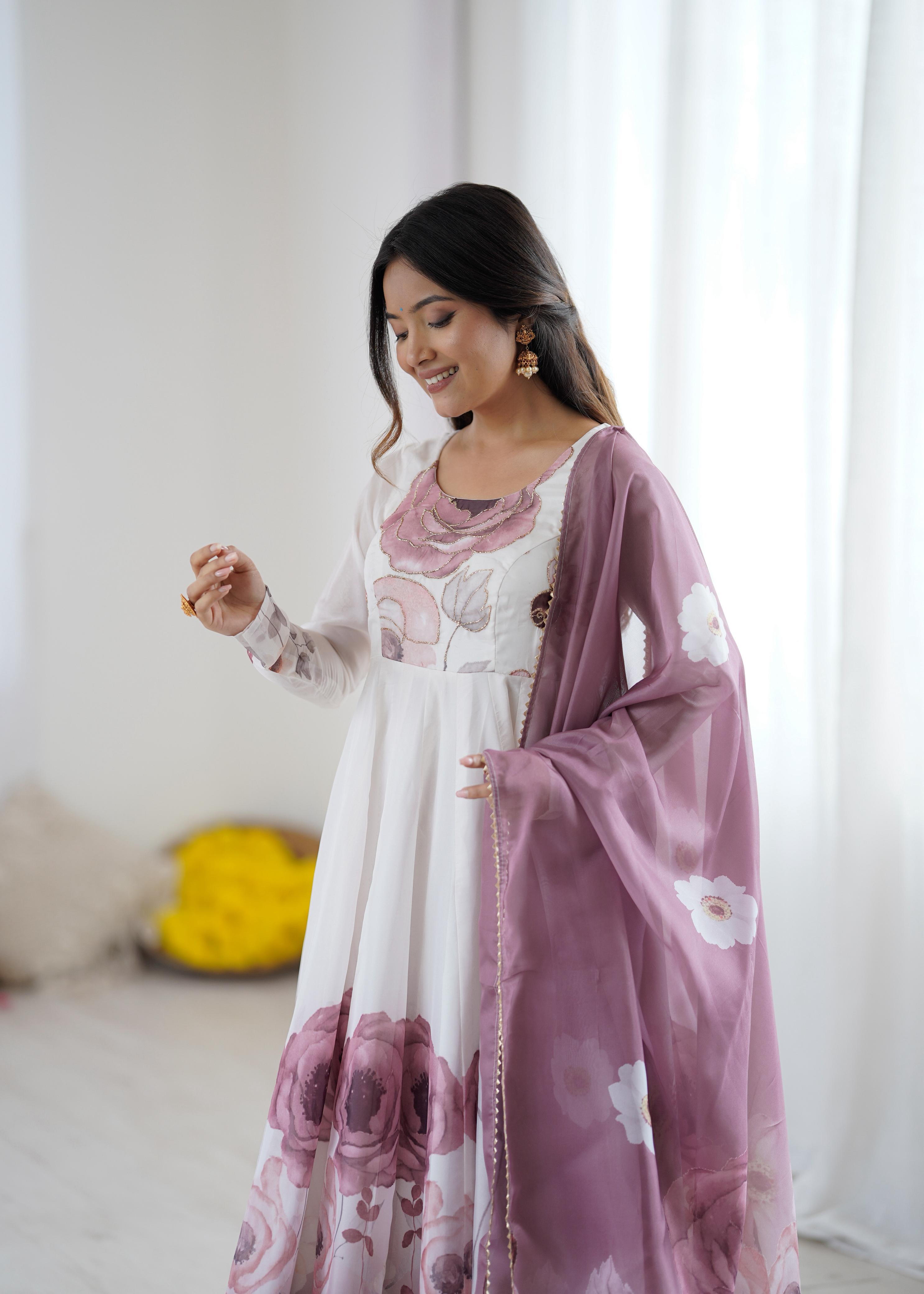 Onion Pink Pure Soft Organza Anarkali Suit Set With Huge Flair, Dupatta & Pant