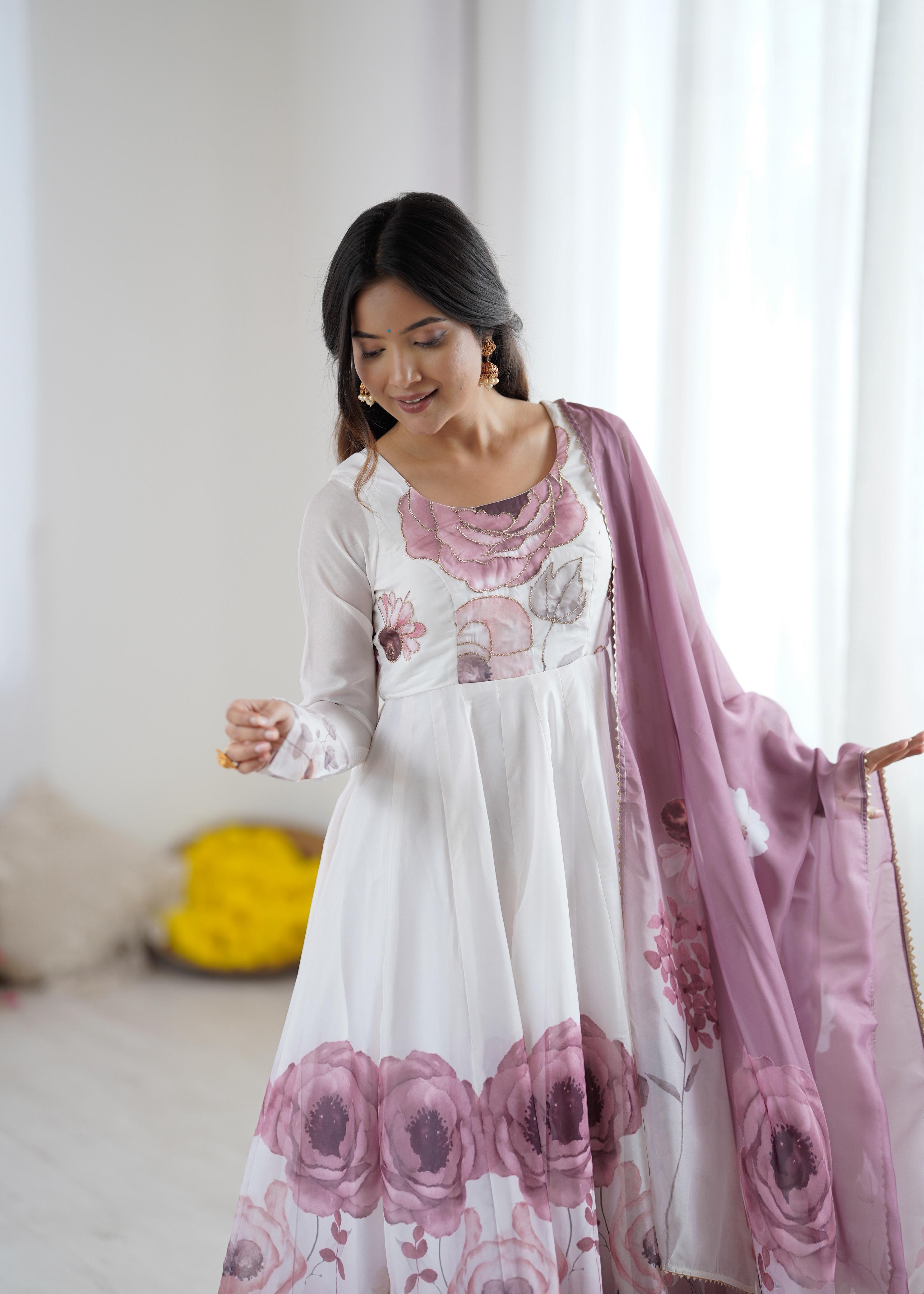 Onion Pink Pure Soft Organza Anarkali Suit Set With Huge Flair, Dupatta & Pant