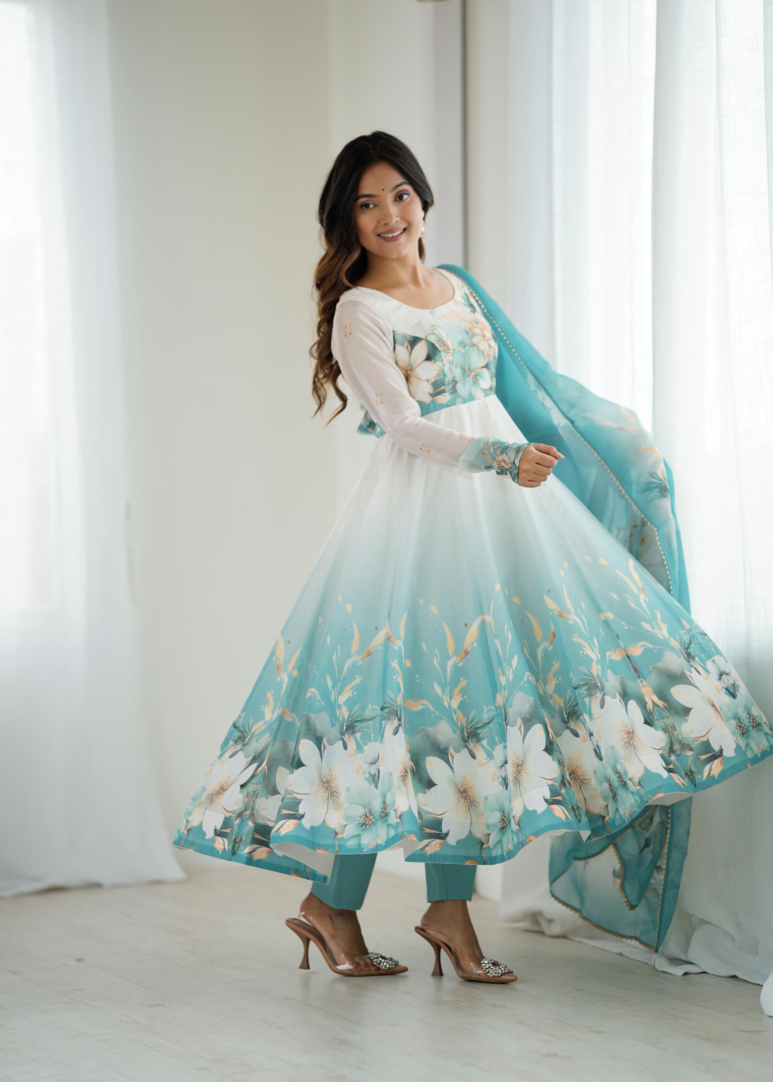 Aqua Blue Pure Soft Organza Anarkali Suit Set With Huge Flair, Dupatta & Pant