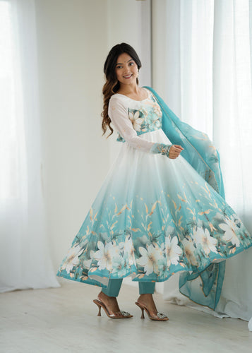 Aqua Blue Pure Soft Organza Anarkali Suit Set With Huge Flair, Dupatta & Pant