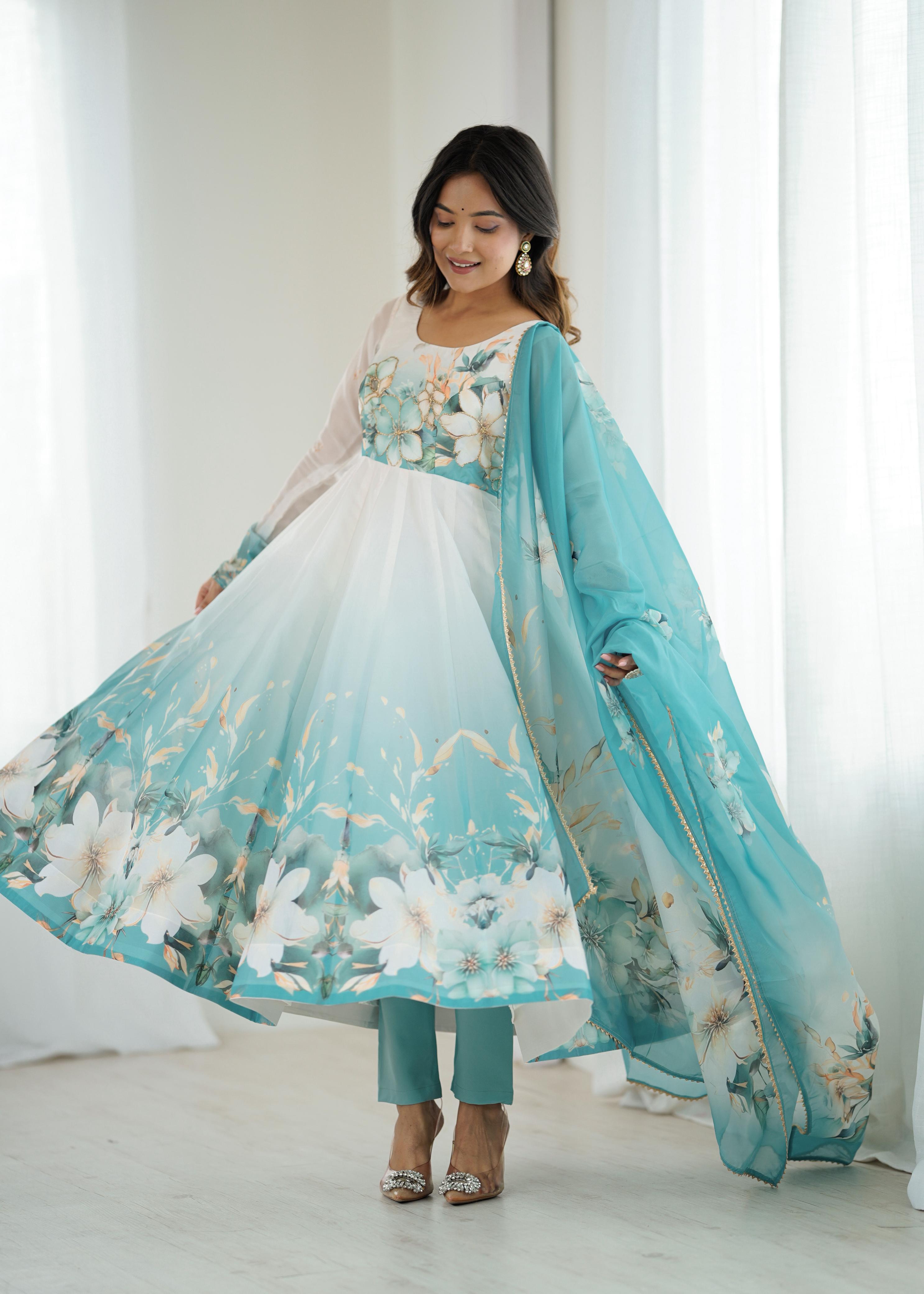 Aqua Blue Pure Soft Organza Anarkali Suit Set With Huge Flair, Dupatta & Pant