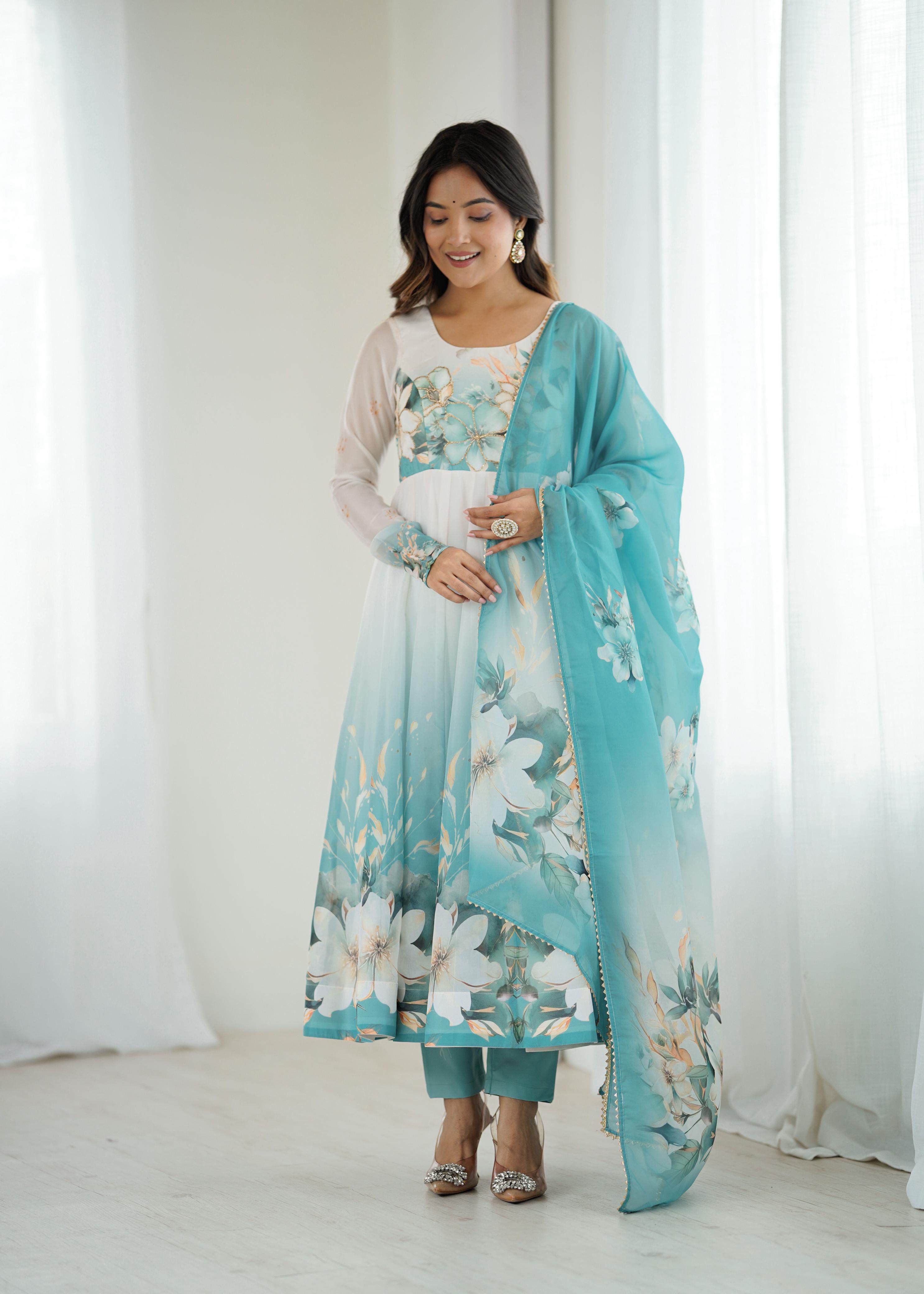 Aqua Blue Pure Soft Organza Anarkali Suit Set With Huge Flair, Dupatta & Pant