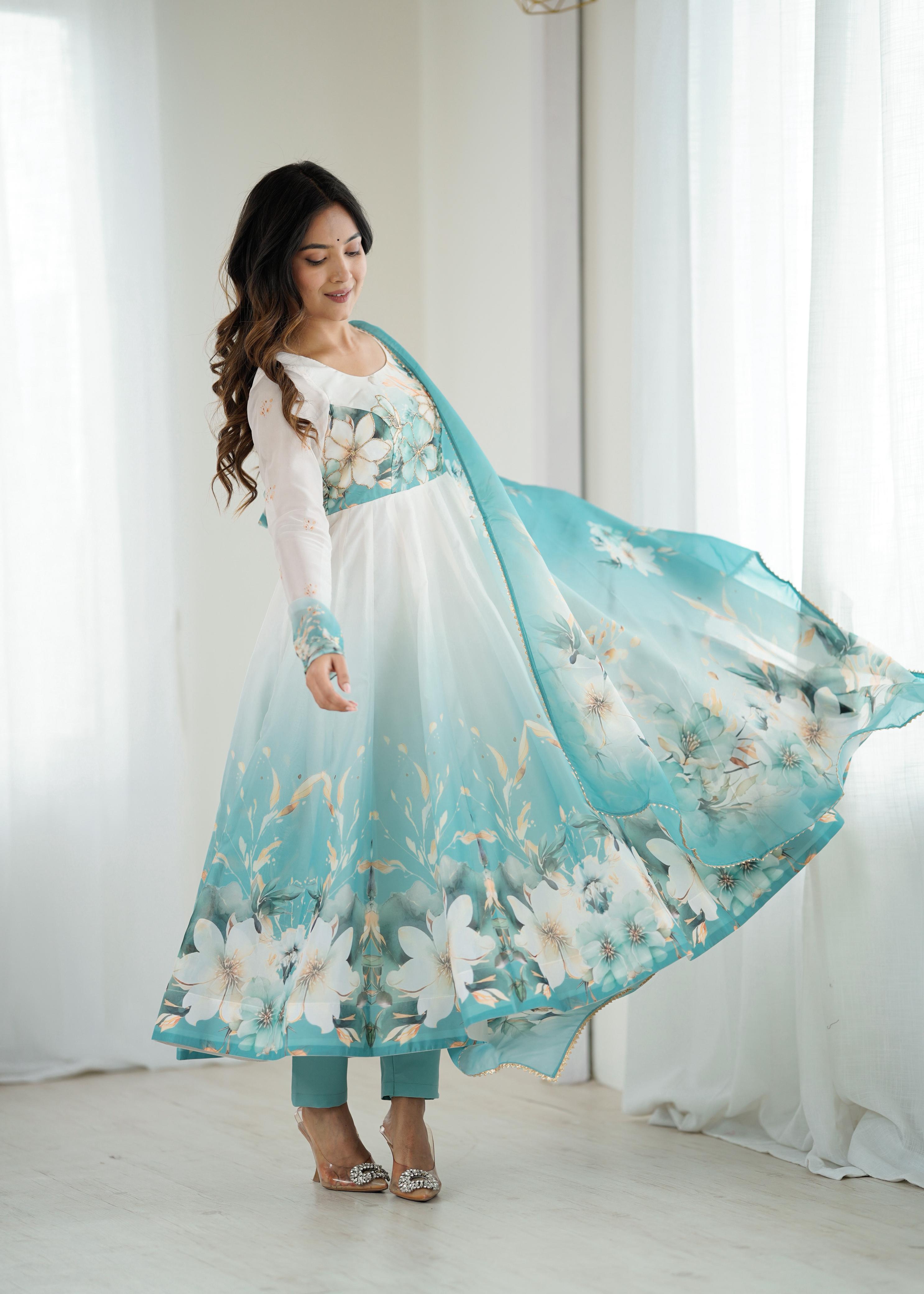 Aqua Blue Pure Soft Organza Anarkali Suit Set With Huge Flair, Dupatta & Pant