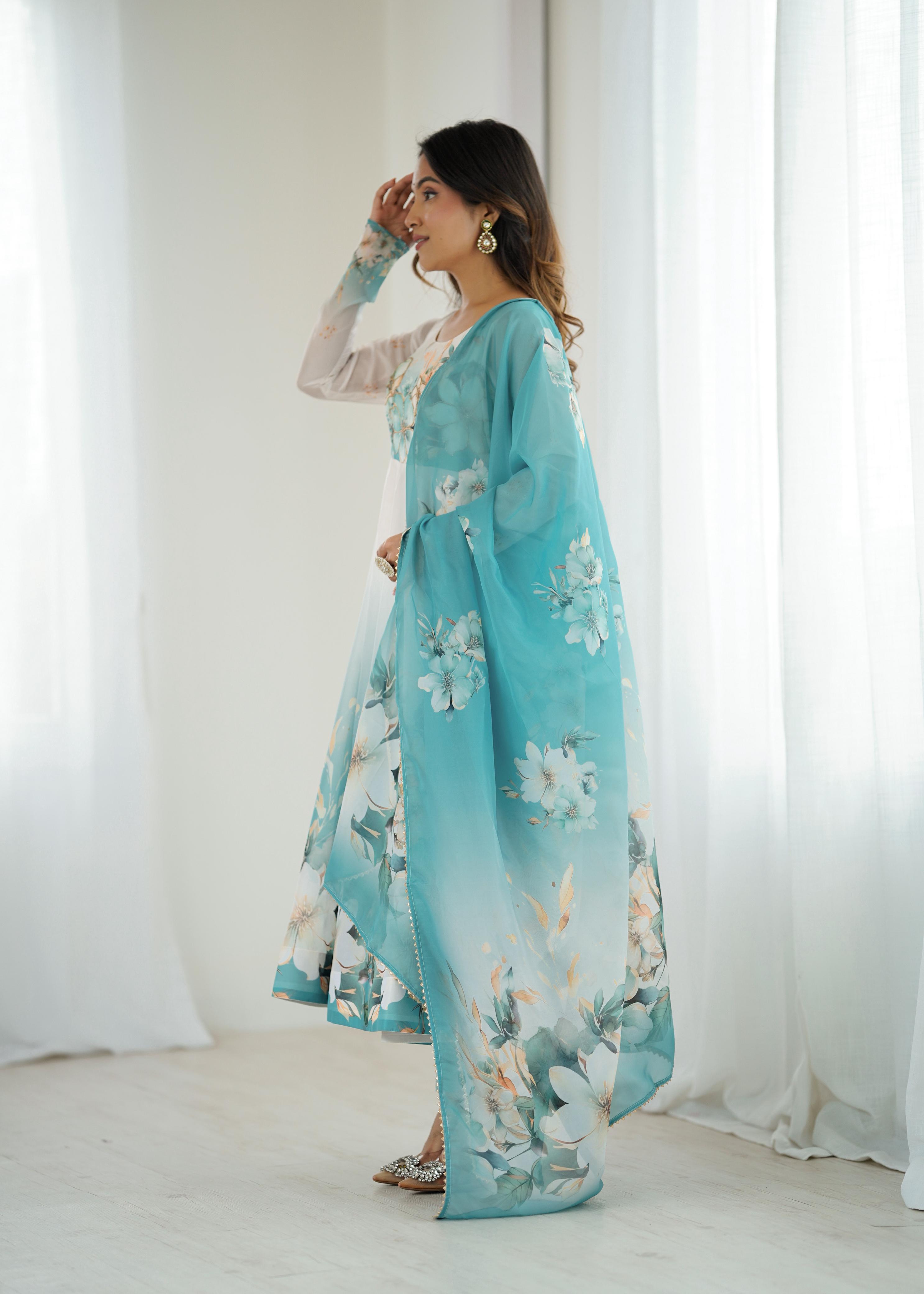 Aqua Blue Pure Soft Organza Anarkali Suit Set With Huge Flair, Dupatta & Pant