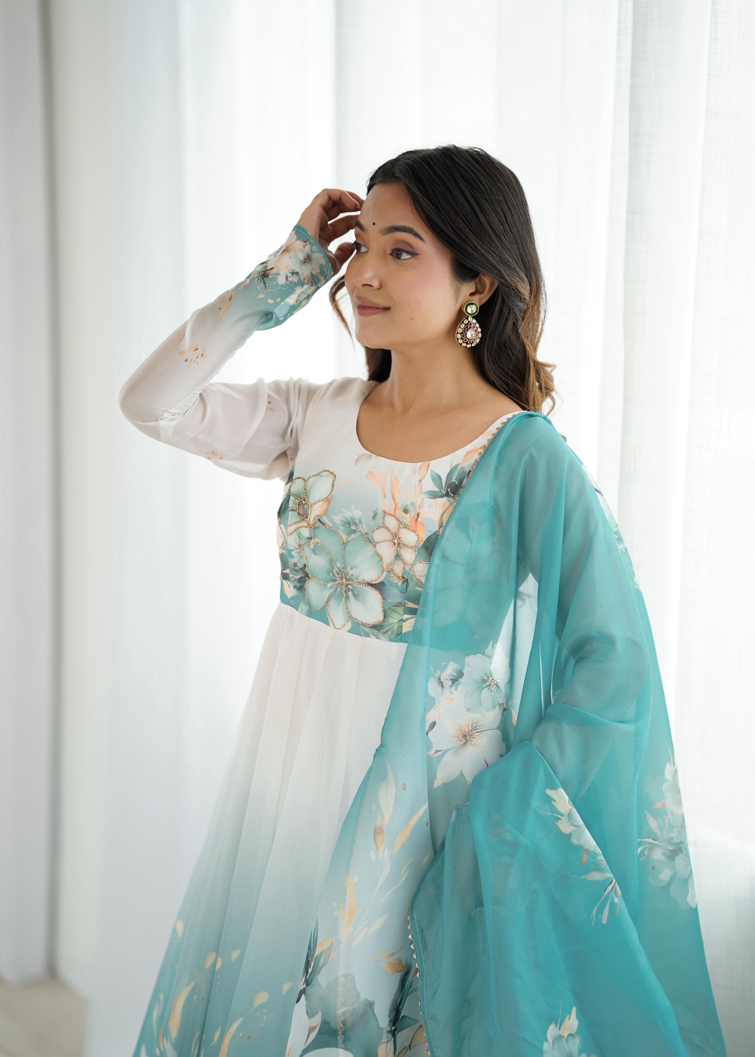 Aqua Blue Pure Soft Organza Anarkali Suit Set With Huge Flair, Dupatta & Pant