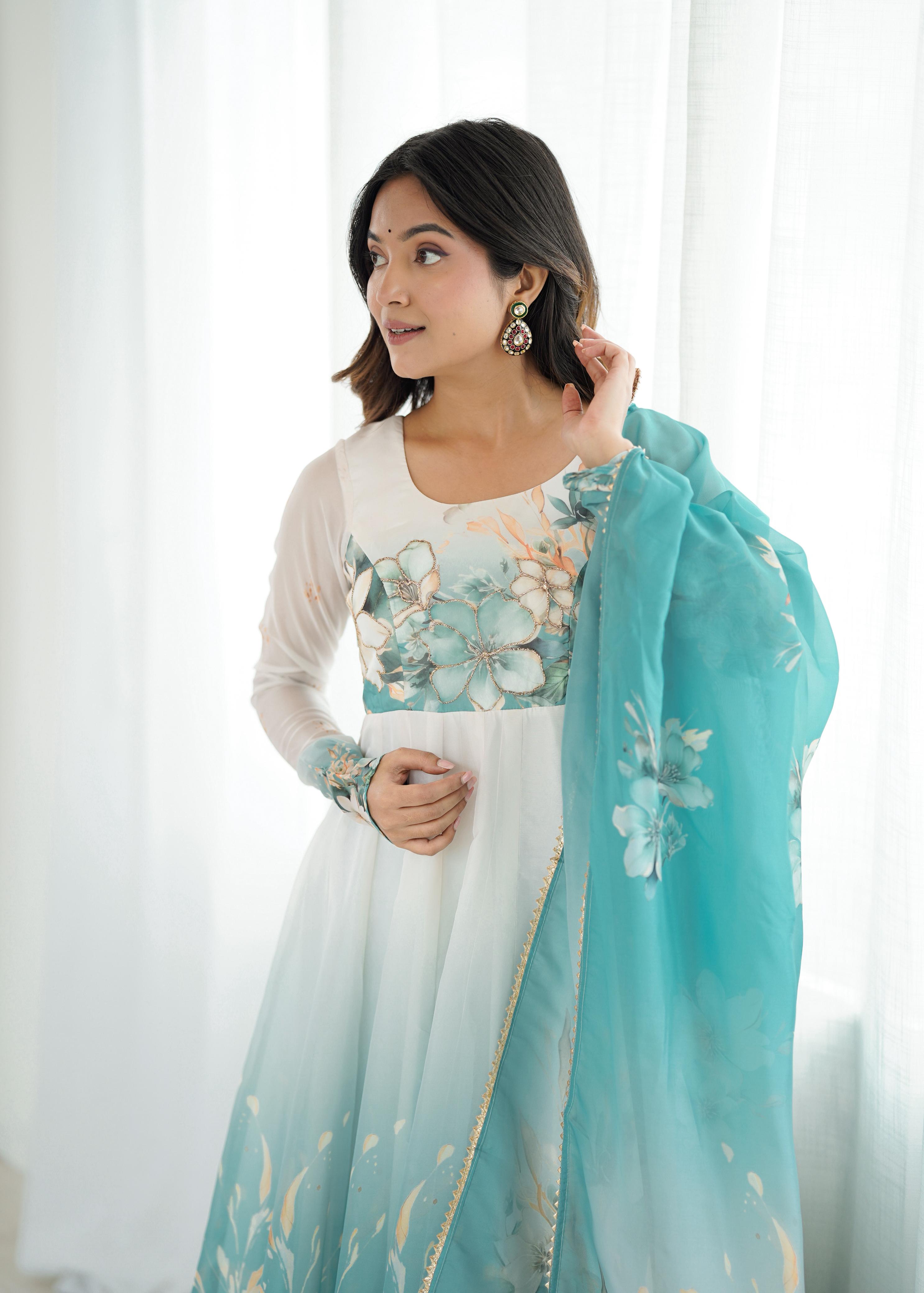 Aqua Blue Pure Soft Organza Anarkali Suit Set With Huge Flair, Dupatta & Pant