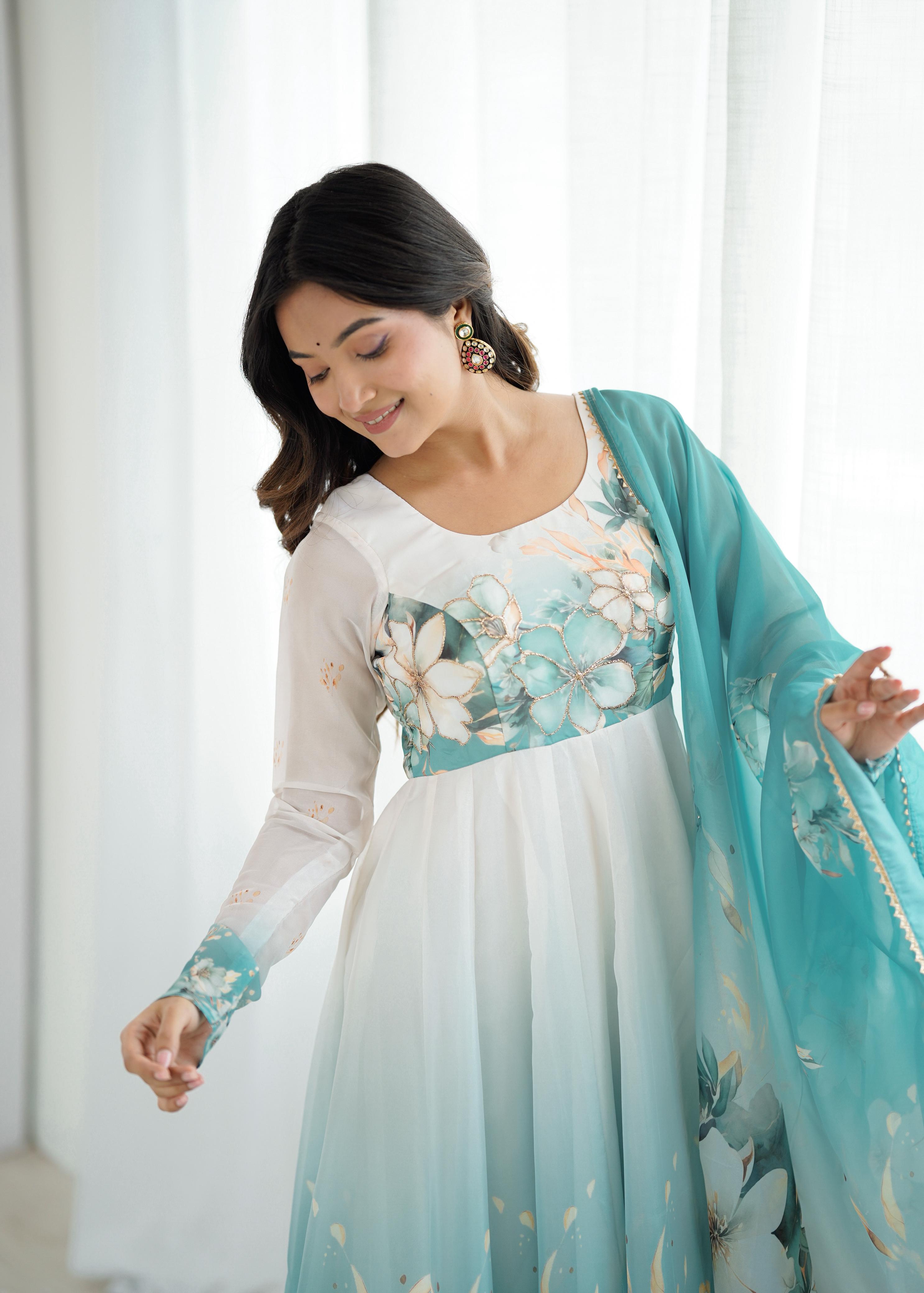 Aqua Blue Pure Soft Organza Anarkali Suit Set With Huge Flair, Dupatta & Pant