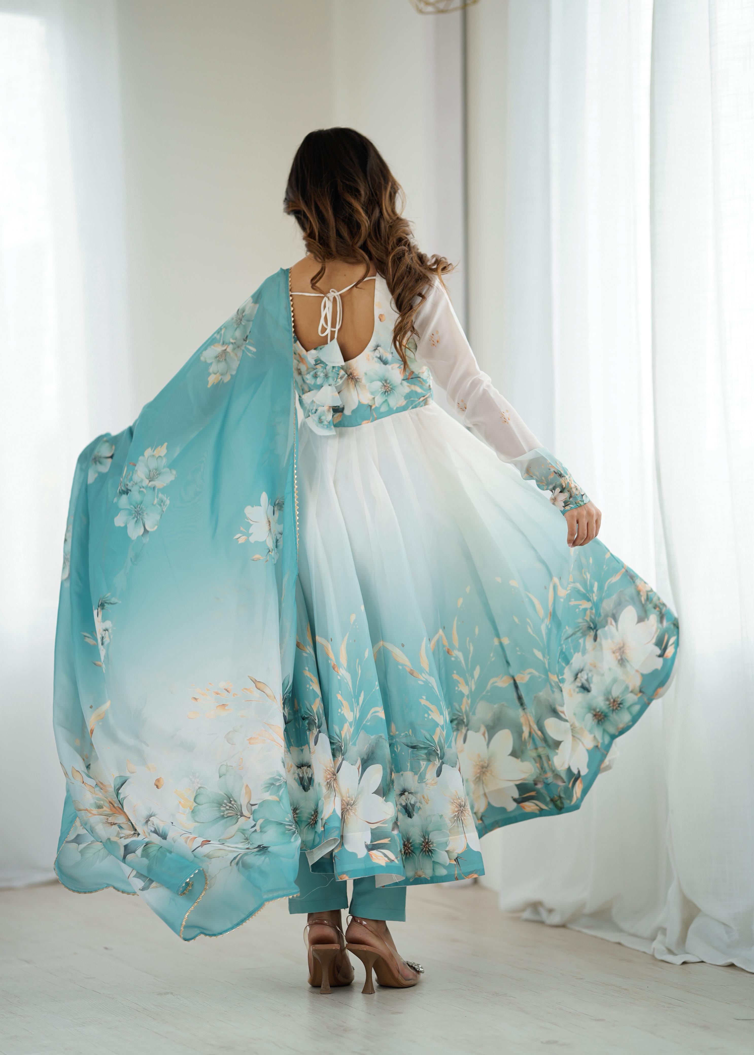 Aqua Blue Pure Soft Organza Anarkali Suit Set With Huge Flair, Dupatta & Pant