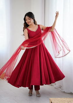 Maroon Pure Roman Silk Chanderi Anarkali Suit Set With Huge Flair, Dupatta & Pant
