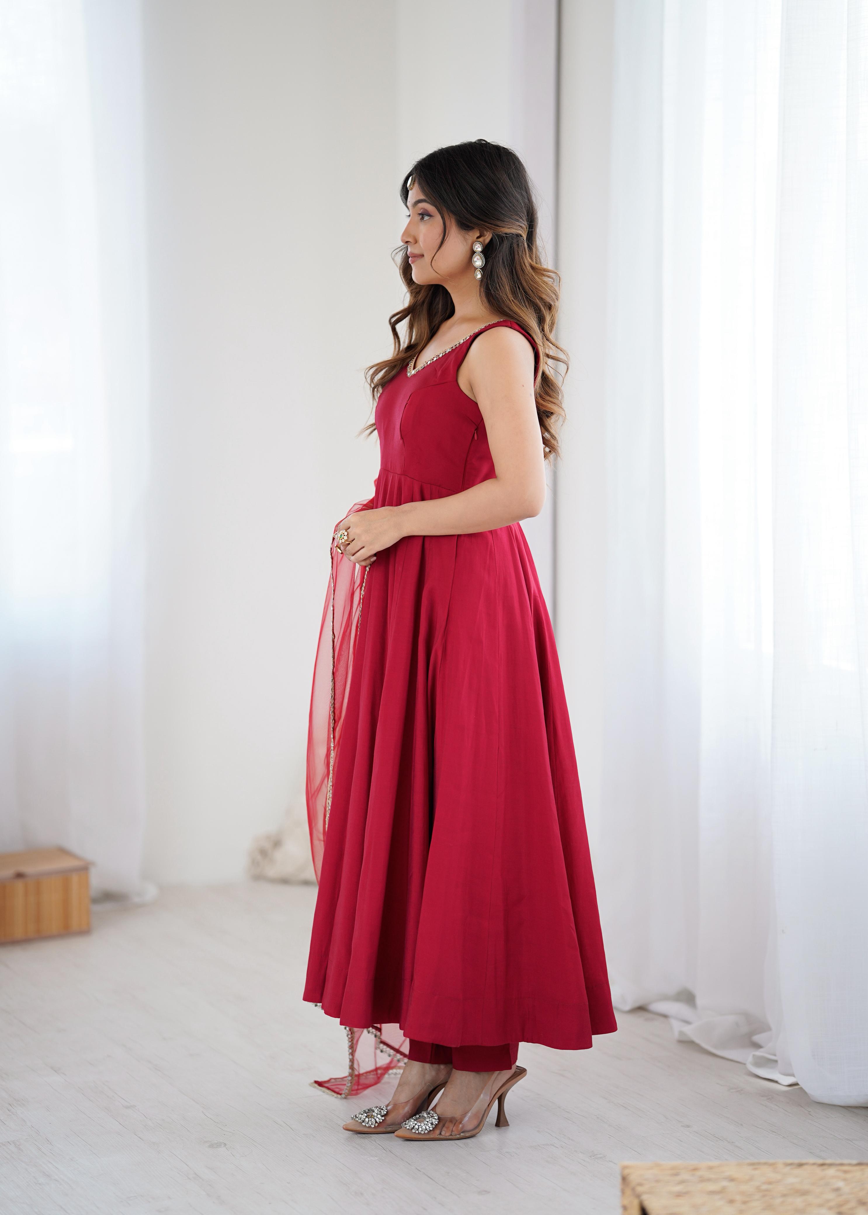 Maroon Pure Roman Silk Chanderi Anarkali Suit Set With Huge Flair, Dupatta & Pant