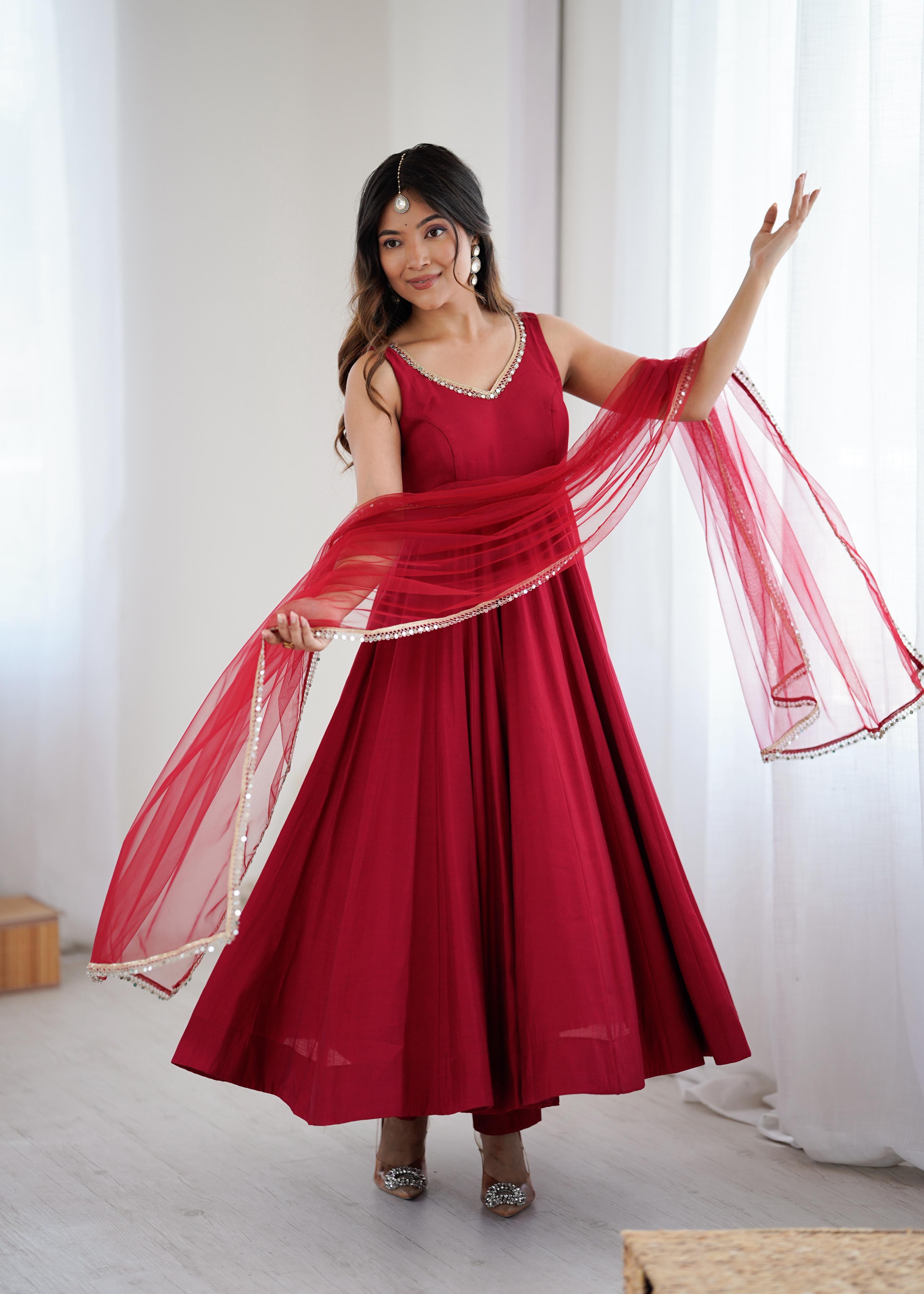 Maroon Pure Roman Silk Chanderi Anarkali Suit Set With Huge Flair, Dupatta & Pant