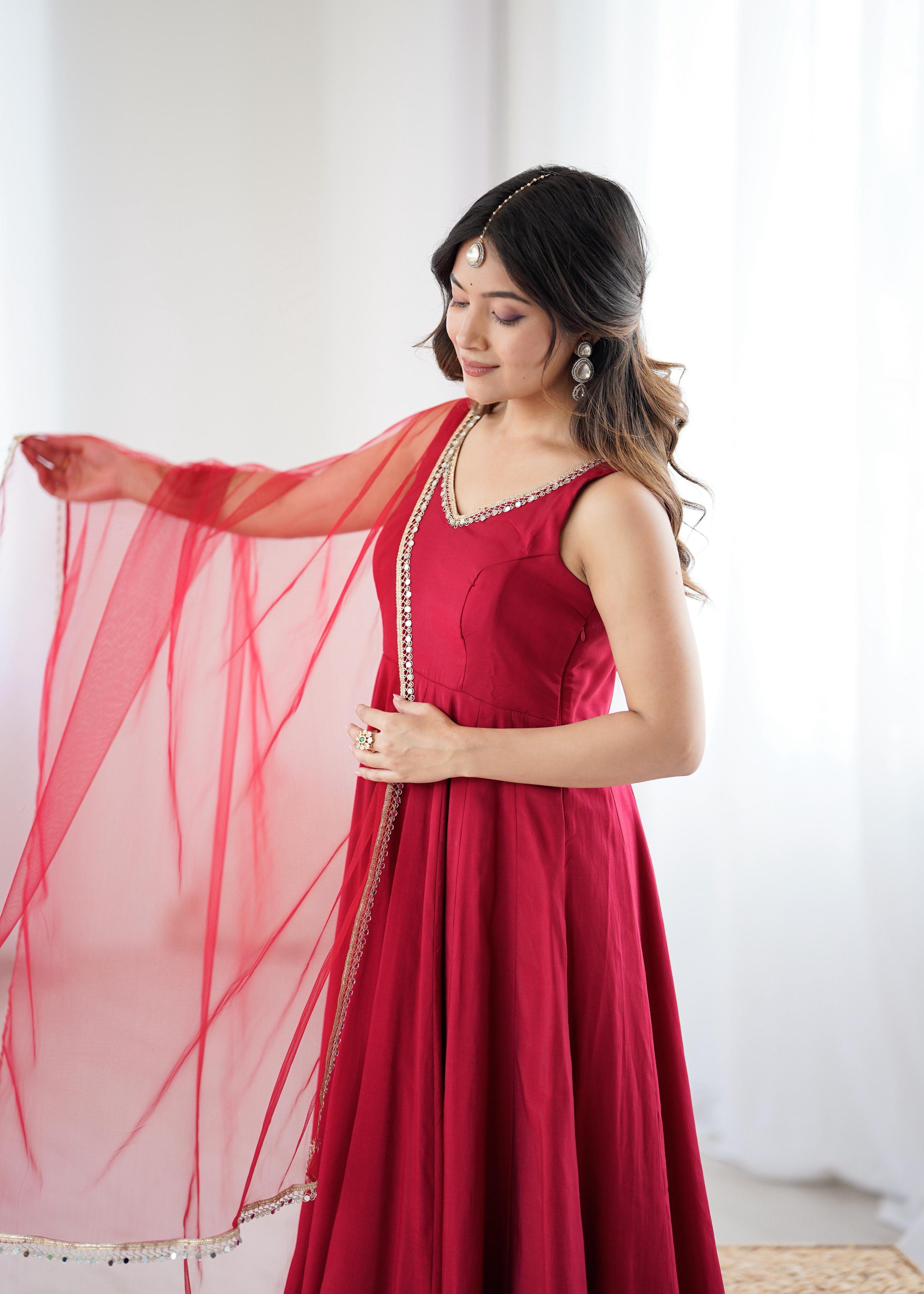 Maroon Pure Roman Silk Chanderi Anarkali Suit Set With Huge Flair, Dupatta & Pant