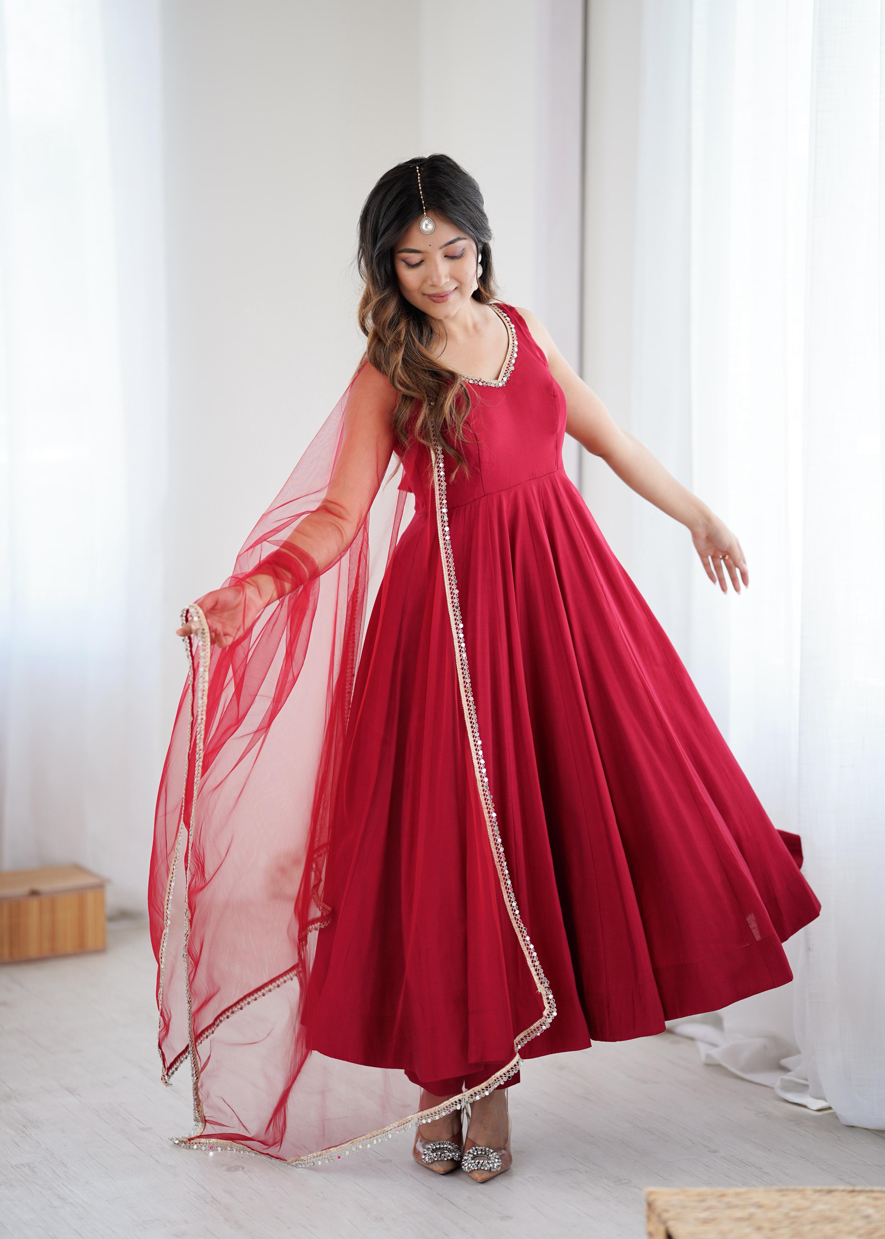 Maroon Pure Roman Silk Chanderi Anarkali Suit Set With Huge Flair, Dupatta & Pant