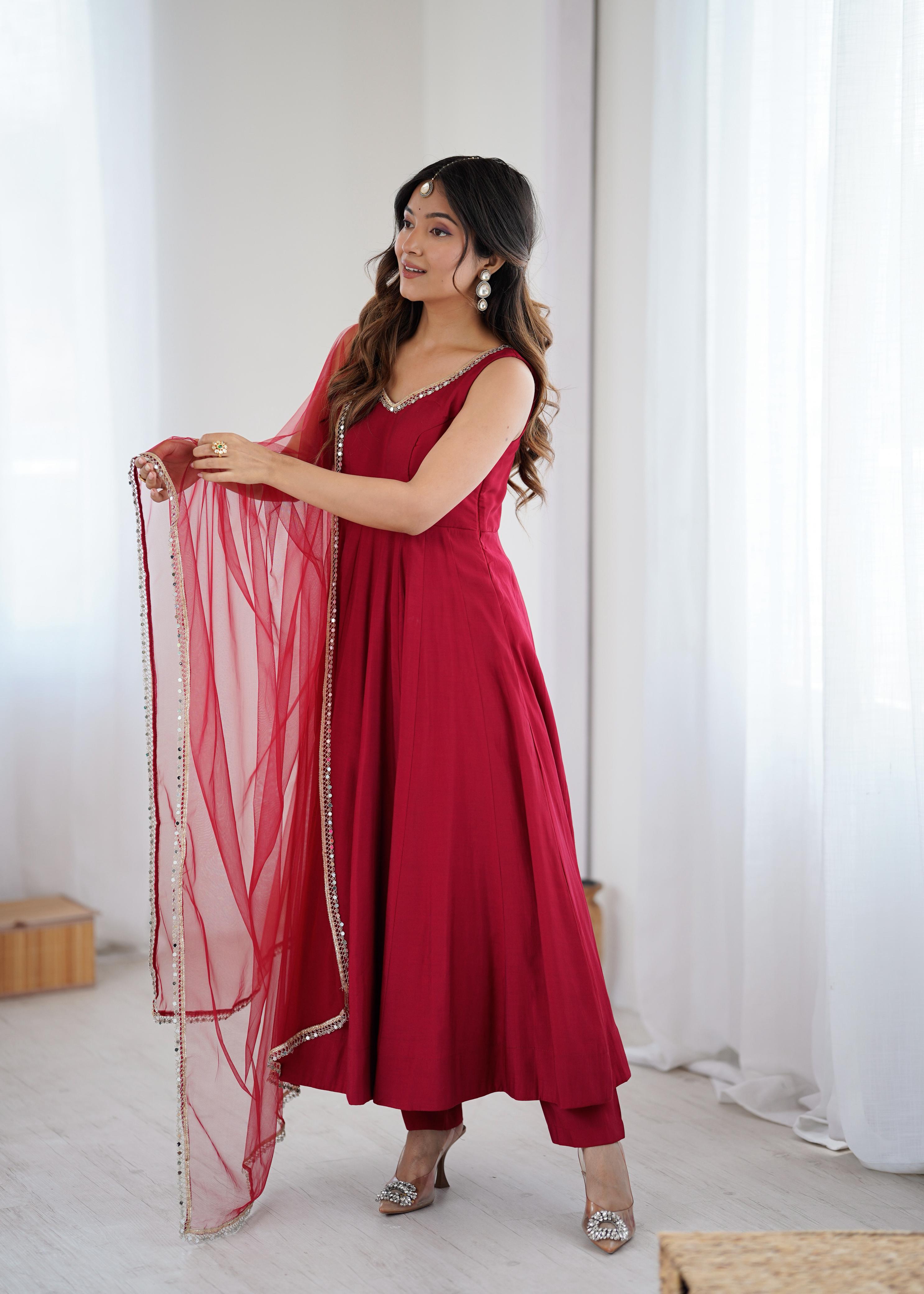 Maroon Pure Roman Silk Chanderi Anarkali Suit Set With Huge Flair, Dupatta & Pant