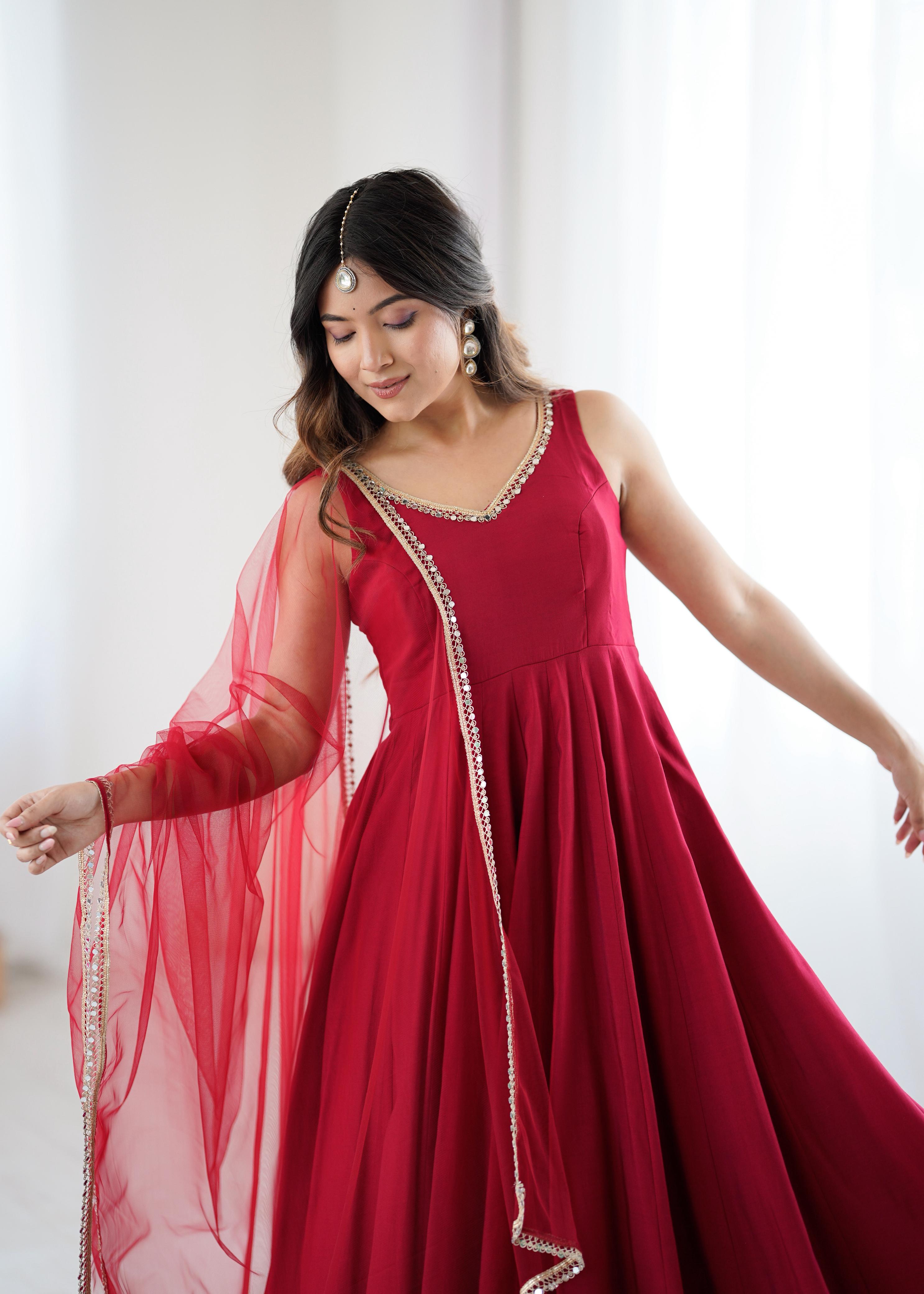 Maroon Pure Roman Silk Chanderi Anarkali Suit Set With Huge Flair, Dupatta & Pant