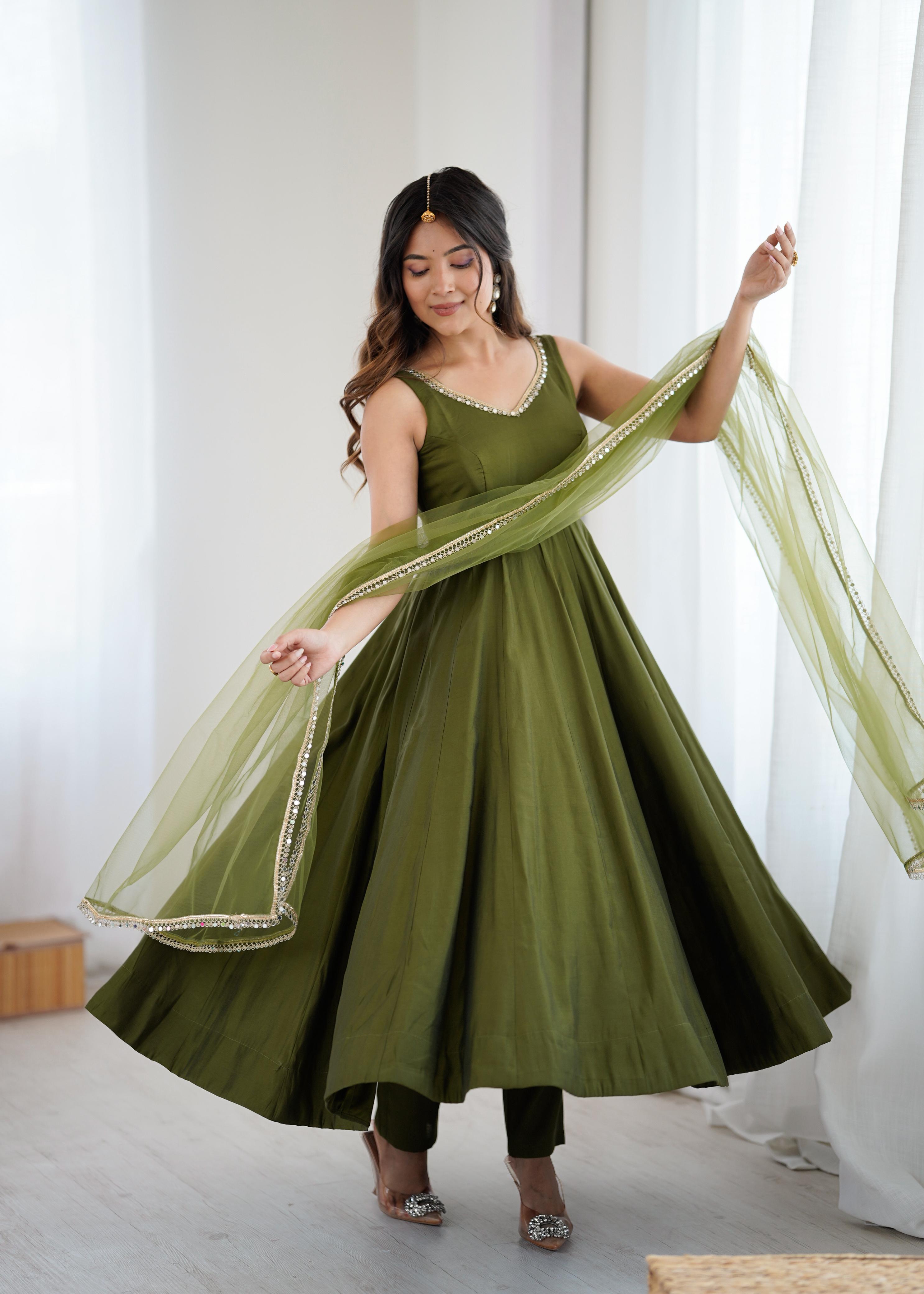 Mehendi Pure Roman Silk Chanderi Anarkali Suit Set With Huge Flair, Dupatta & Pant