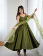 Mehendi Pure Roman Silk Chanderi Anarkali Suit Set With Huge Flair, Dupatta & Pant