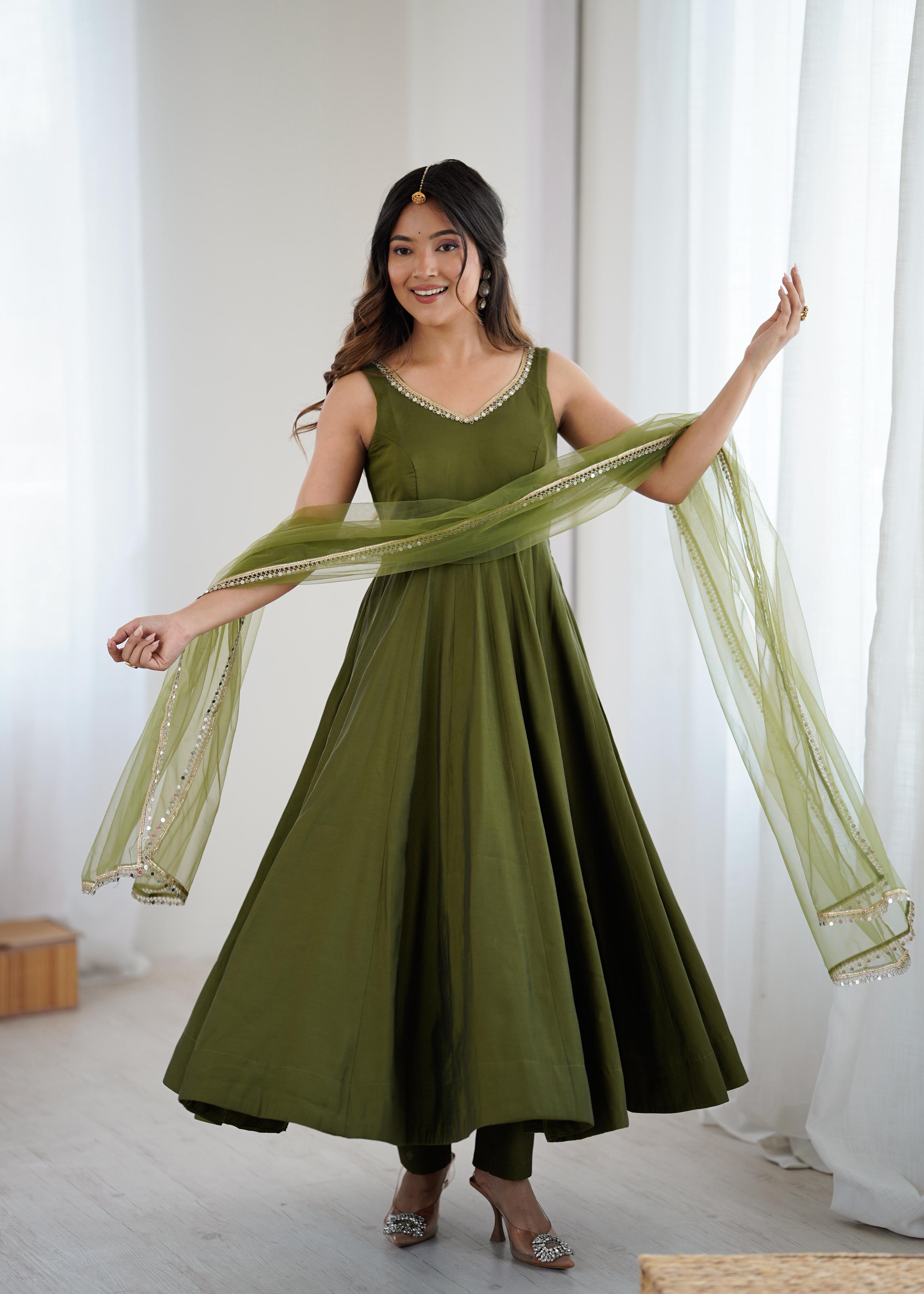 Mehendi Pure Roman Silk Chanderi Anarkali Suit Set With Huge Flair, Dupatta & Pant